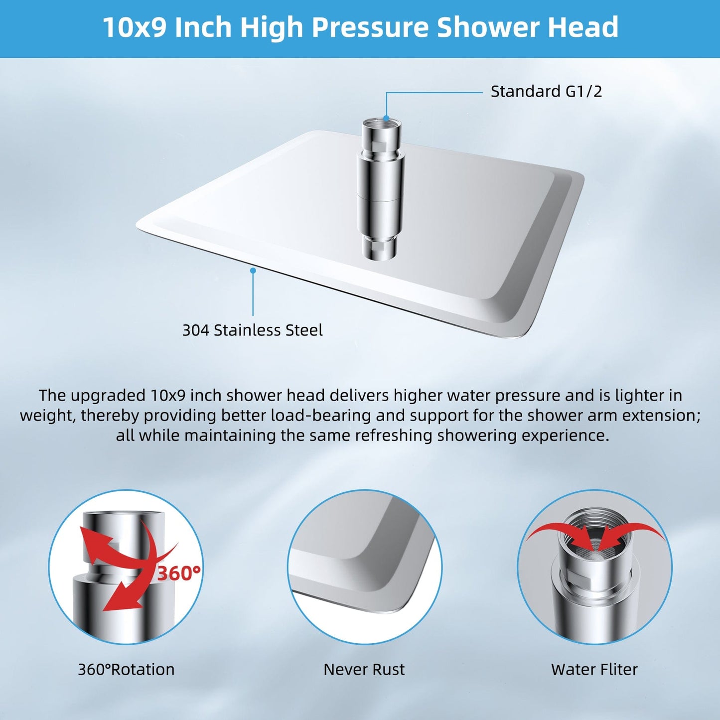 Hibbent Faucet Accessories Hibbent All Metal Rain Shower Head, 10'' High Pressure Rainfall Square Showerhead with 16" Shower Head Extension Arm, Solid Brass Adjustable Shower Arm Extender, Waterfall fixed Showerheads, Chrome