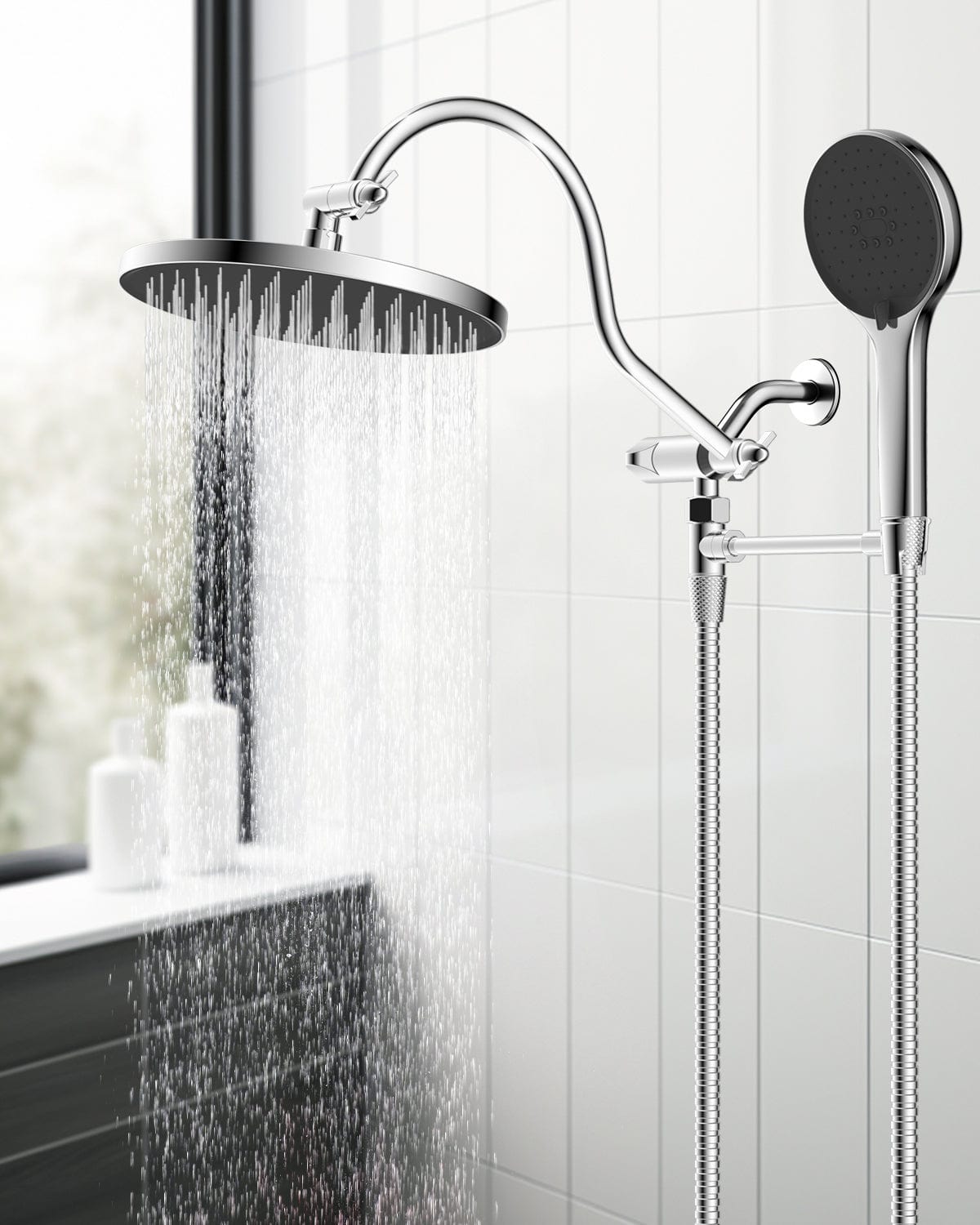 Hibbent Faucet Accessories Hibbent Self-cleaning Shower Head, 10'' High Pressure Rainfall Shower Head, Showerhead Combo/Handheld Shower Head, 12'' Adjustable Curved Shower Extension Arm, 71'' Hose, 2 Shower Head Holders