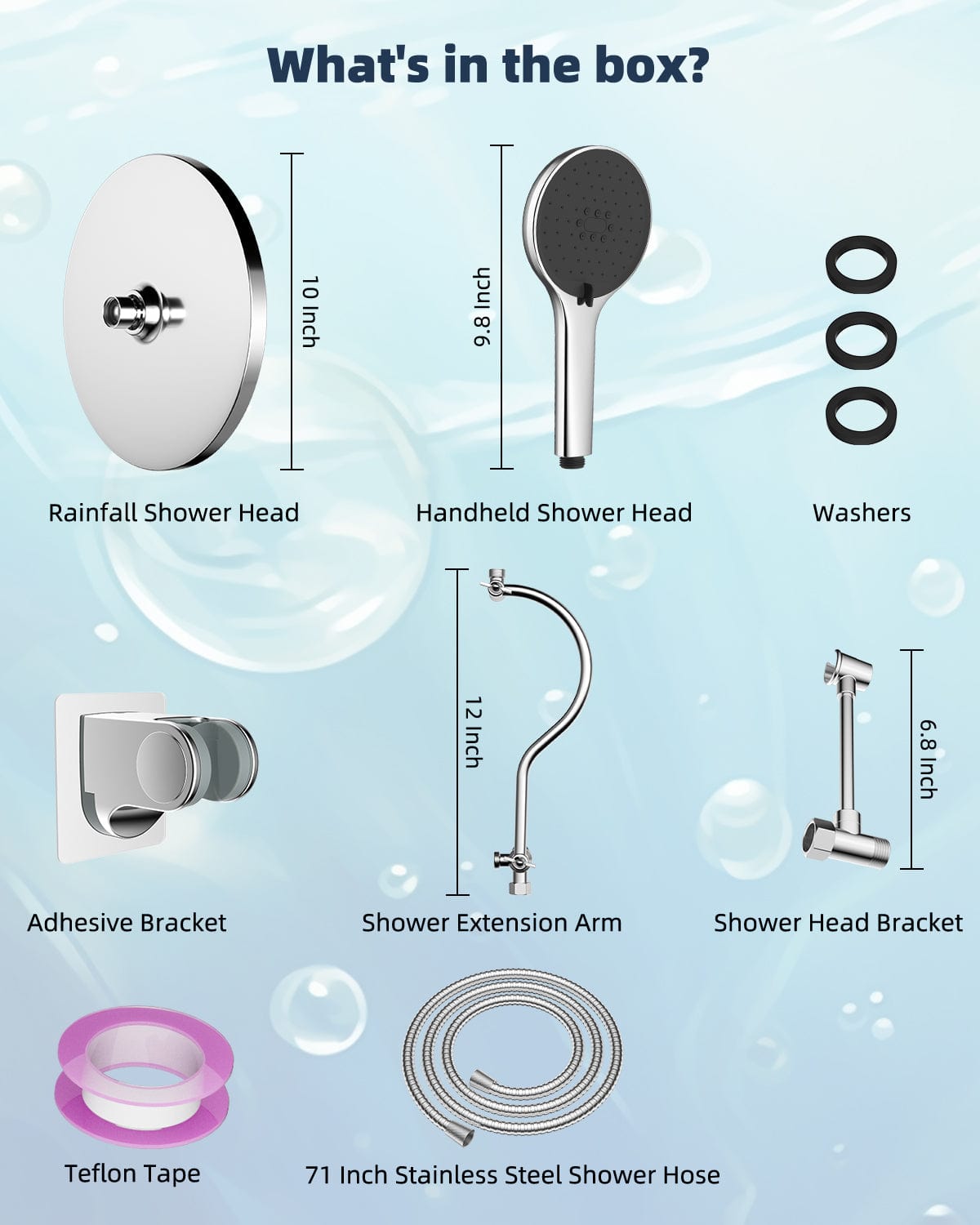 Hibbent Faucet Accessories Hibbent Self-cleaning Shower Head, 10'' High Pressure Rainfall Shower Head, Showerhead Combo/Handheld Shower Head, 12'' Adjustable Curved Shower Extension Arm, 71'' Hose, 2 Shower Head Holders
