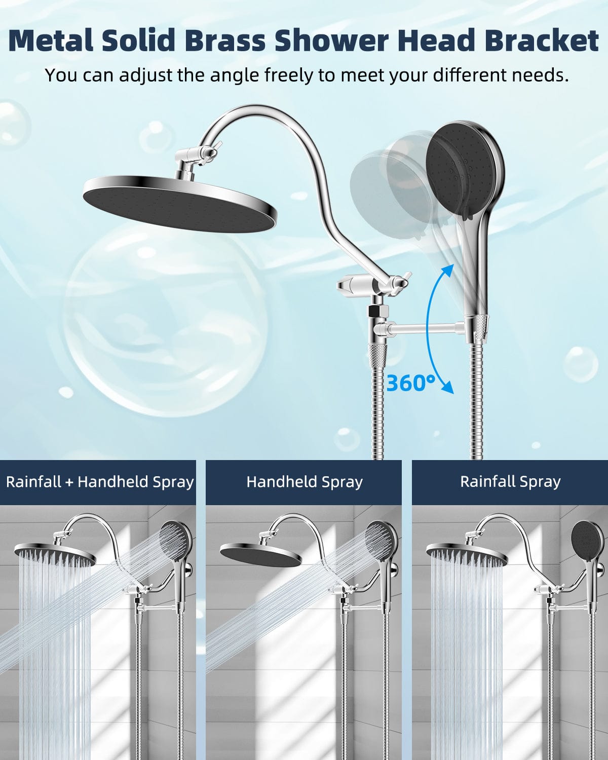Hibbent Faucet Accessories Hibbent Self-cleaning Shower Head, 10'' High Pressure Rainfall Shower Head, Showerhead Combo/Handheld Shower Head, 12'' Adjustable Curved Shower Extension Arm, 71'' Hose, 2 Shower Head Holders