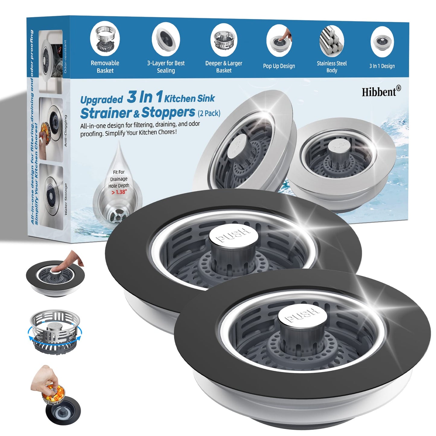 Hibbent Shop Drains Hibbent Upgraded 2 Pack 3 in 1 Kitchen Sink Drain Strainer, Stainless Steel Pop Up Sink Stopper, Larger Anti-Clogging Basket, 3-Layer Seal, Detachable Plug for US Standard 3-1/2" Drain, Matte Black Hibbent Upgraded 2 Pack 3 in 1 Kitchen Sink Drain Strainer, Stainless Steel Pop Up Sink Stopper, Larger Anti-Clogging Basket, 3-Layer Seal, Detachable Plug for US Standard 3-1/2" Drain, Matte Black