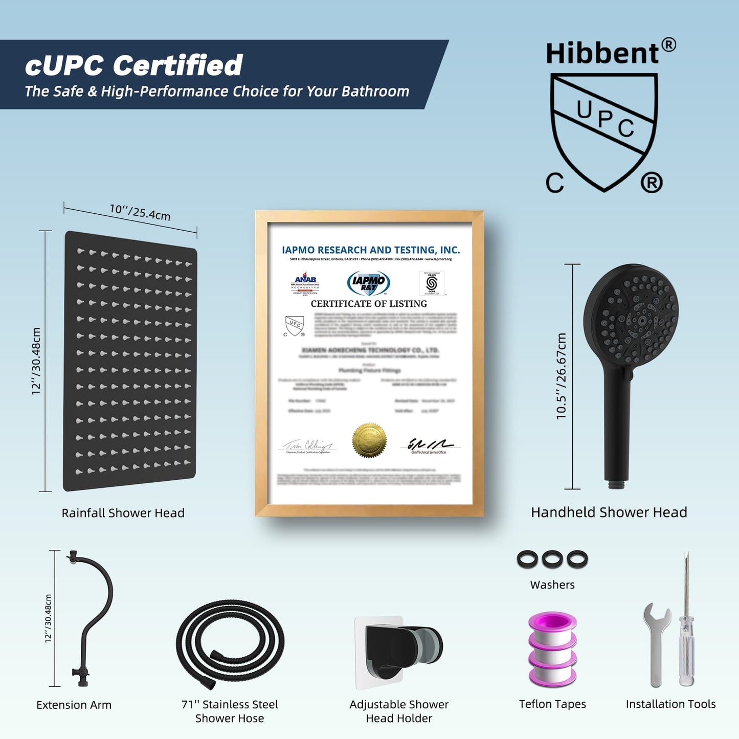Hibbent Shop Shower Heads Hibbent 12'' All Metal CUPC Certified Shower Head, High Pressure Rainfall Shower Head, Handheld Showerhead Combo, 12'' Adjustable Extension Arm, 10-Spray, 71'' Hose, Showerhead Holder, Matte Black Hibbent 12'' All Metal CUPC Certified Shower Head, High Pressure Rainfall Shower Head, Handheld Showerhead Combo, 12'' Adjustable Extension Arm, 10-Spray, 71'' Hose, Showerhead Holder, Matte Black