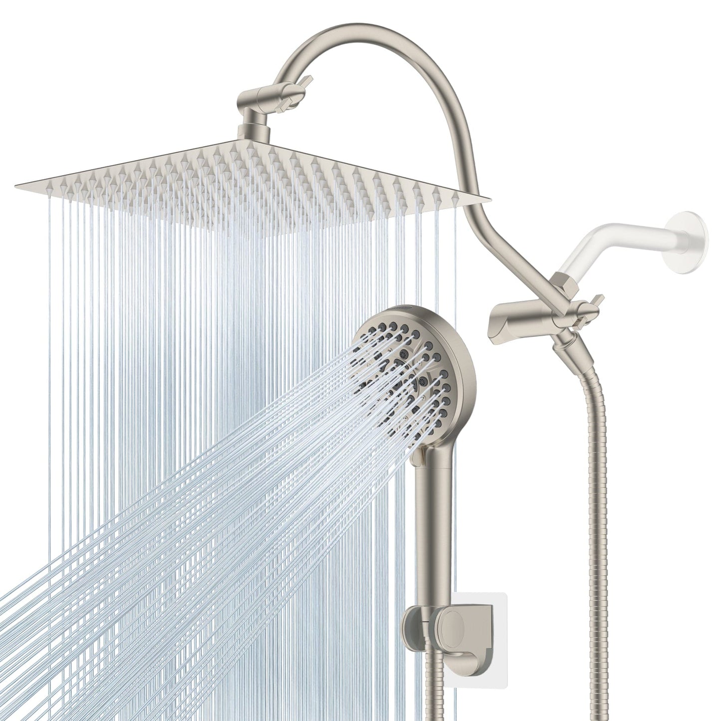 Hibbent Shop Shower Heads Hibbent 12'' All Metal Shower Head, High Pressure Rainfall Shower Head/Handheld Showerhead Combo/ 12'' Adjustable Curved Shower Extension Arm, 10-Spray, 71'' Adhesive Showerhead Holder, Brushed Nickel Hibbent 12'' All Metal Shower Head, High Pressure Rainfall Shower Head/Handheld Showerhead Combo/ 12'' Adjustable Curved Shower Extension Arm, 10-Spray, 71'' Adhesive Showerhead Holder, Brushed Nickel