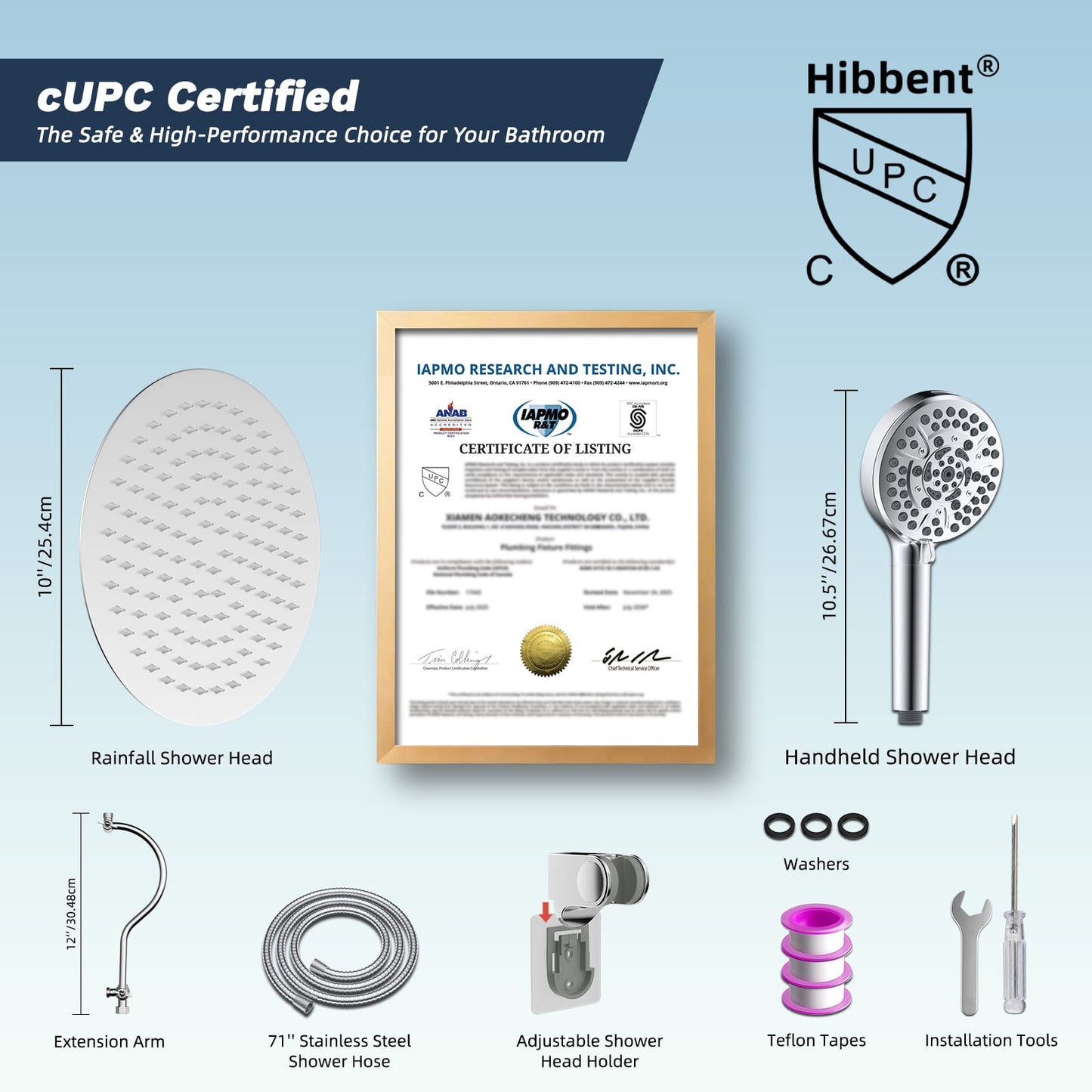 Hibbent Shop Shower Heads Hibbent All Metal CUPC Certified Shower Head, 10'' High Pressure Rainfall Shower Head, Handheld Showerhead Combo with 12'' Adjustable Extension Arm, 10-Spray, 71'' Shower Hose, Shower Holder, Chrome Hibbent All Metal CUPC Certified Shower Head, 10'' High Pressure Rainfall Shower Head, Handheld Showerhead Combo with 12'' Adjustable Extension Arm, 10-Spray, 71'' Shower Hose, Shower Holder, Chrome