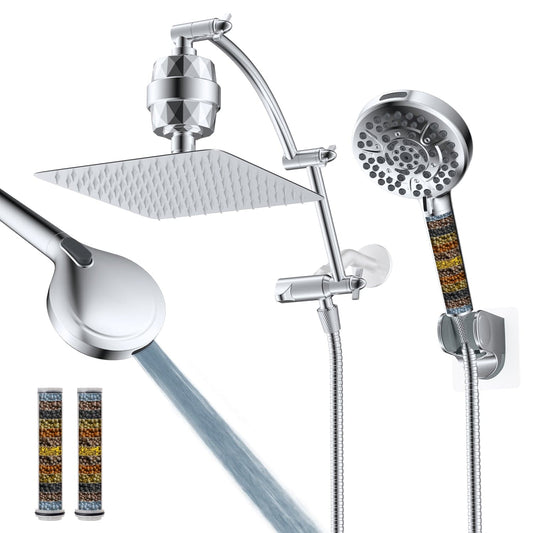 Hibbent Shower Heads Hibbent All Metal 10'' Dual Filtered Rainfall Shower Head Combo, High Pressure Handheld Shower Head with 16'' Adjustable Extension Arm, 20 Stage Shower Filter, 10-spray, 71'' Shower Hose