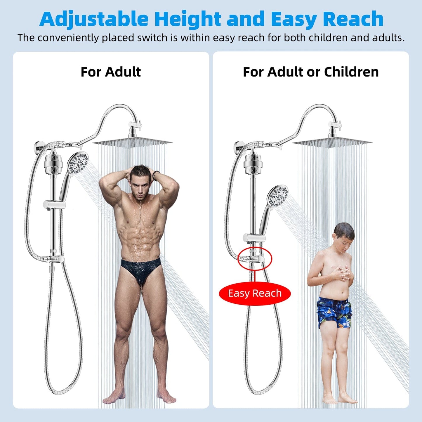 Hibbent Shower Heads Hibbent All Metal 10'' Filtered Rainfall Shower Head Combo for Easy Reach, High Pressure Shower Head System, Handheld Showerhead, Adjustable Holder, 18'' Extension Arm, Shower Filter, 7-spray
