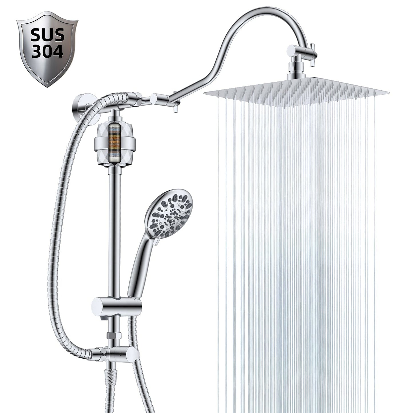 Hibbent Shower Heads Hibbent All Metal 10'' Filtered Rainfall Shower Head Combo for Easy Reach, High Pressure Shower Head System, Handheld Showerhead, Adjustable Holder, 18'' Extension Arm, Shower Filter, 7-spray