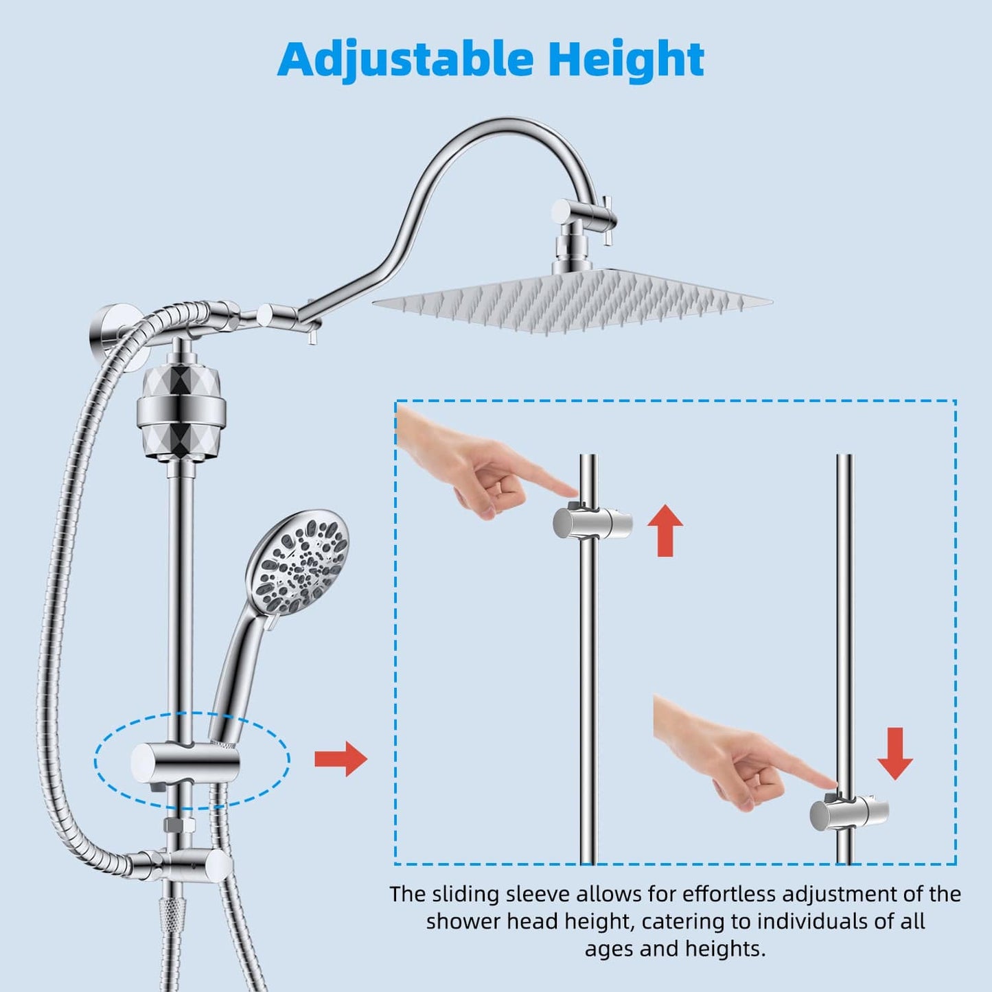 Hibbent Shower Heads Hibbent All Metal 10'' Filtered Rainfall Shower Head Combo for Easy Reach, High Pressure Shower Head System, Handheld Showerhead, Adjustable Holder, 18'' Extension Arm, Shower Filter, 7-spray