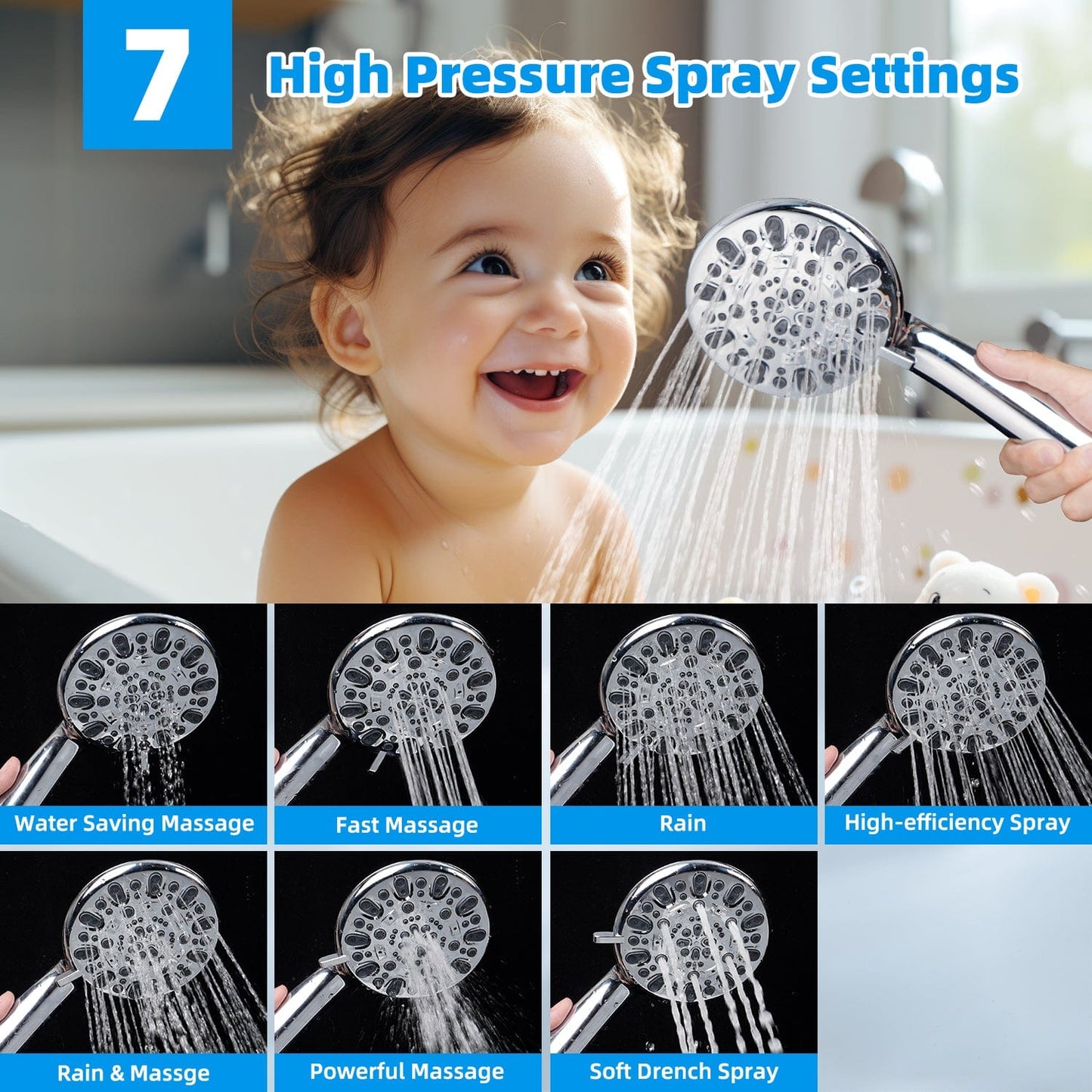 Hibbent Shower Heads Hibbent All Metal 10'' Filtered Rainfall Shower Head Combo for Easy Reach, High Pressure Shower Head System, Handheld Showerhead, Adjustable Holder, 18'' Extension Arm, Shower Filter, 7-spray