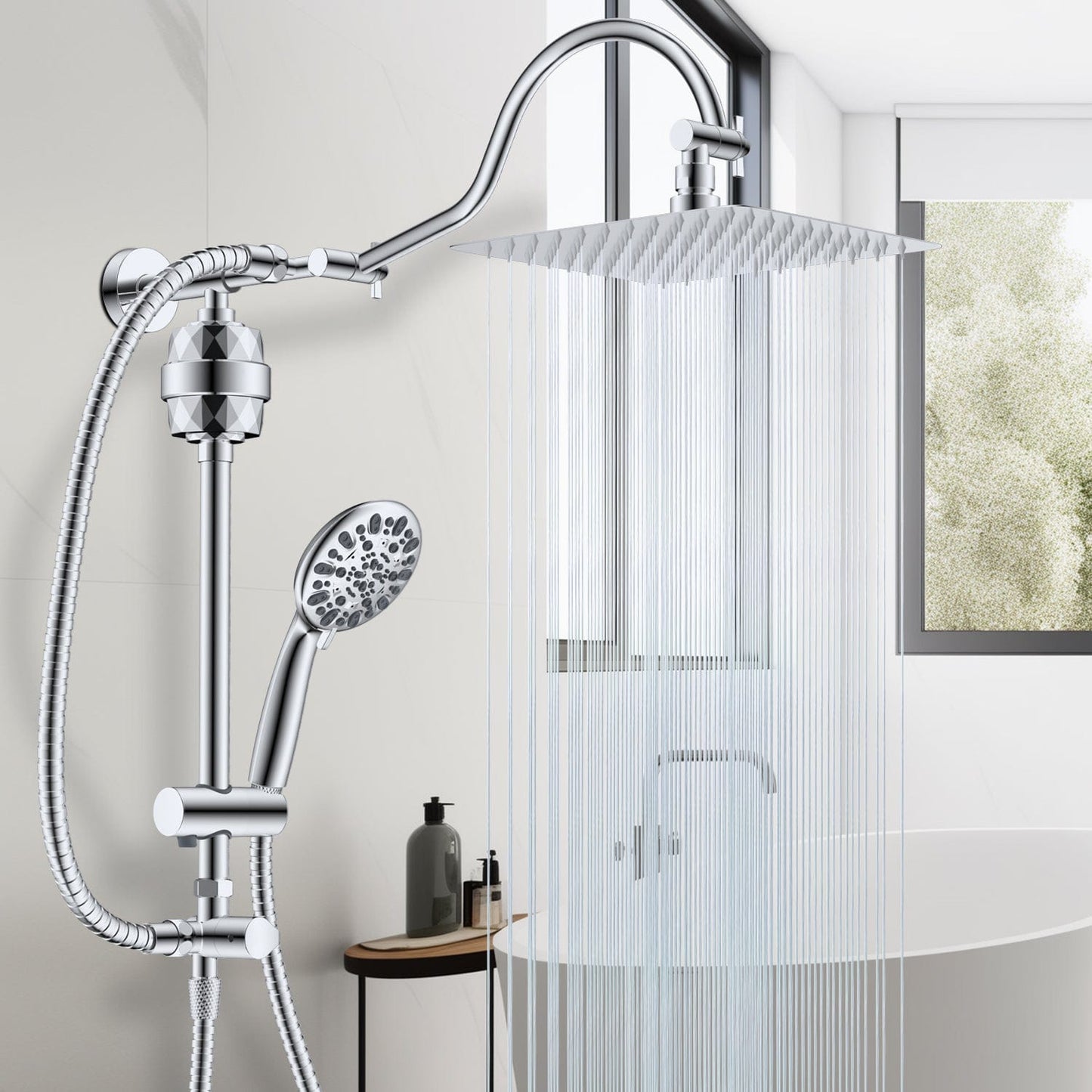 Hibbent Shower Heads Hibbent All Metal 10'' Filtered Rainfall Shower Head Combo for Easy Reach, High Pressure Shower Head System, Handheld Showerhead, Adjustable Holder, 18'' Extension Arm, Shower Filter, 7-spray