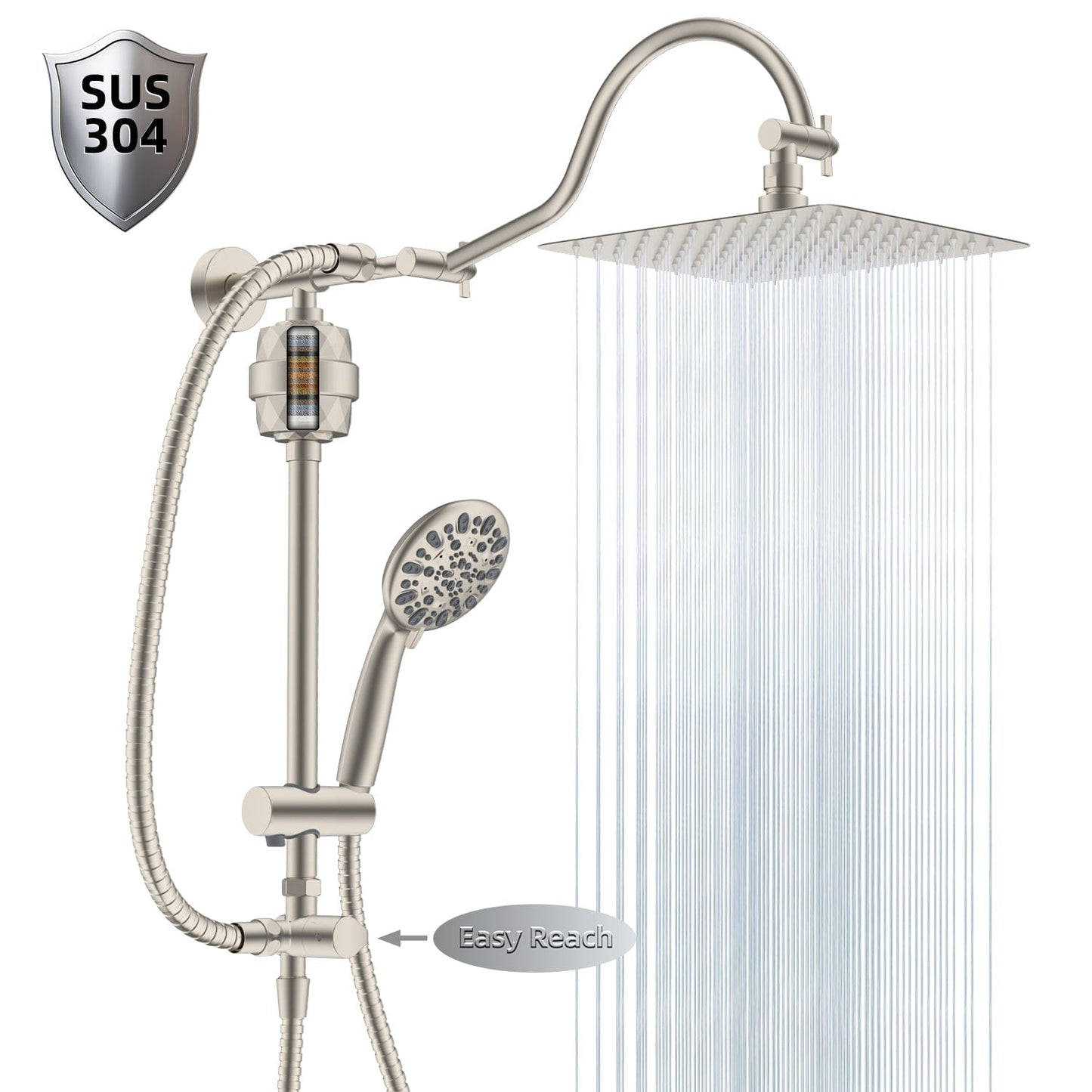 Hibbent Shower Heads Hibbent All Metal 10'' Filtered Rainfall Shower Head Combo for Easy Reach, High Pressure Shower Head System, Handheld Showerhead, Adjustable Holder, 18'' Extension Arm, Shower Filter, 7-spray