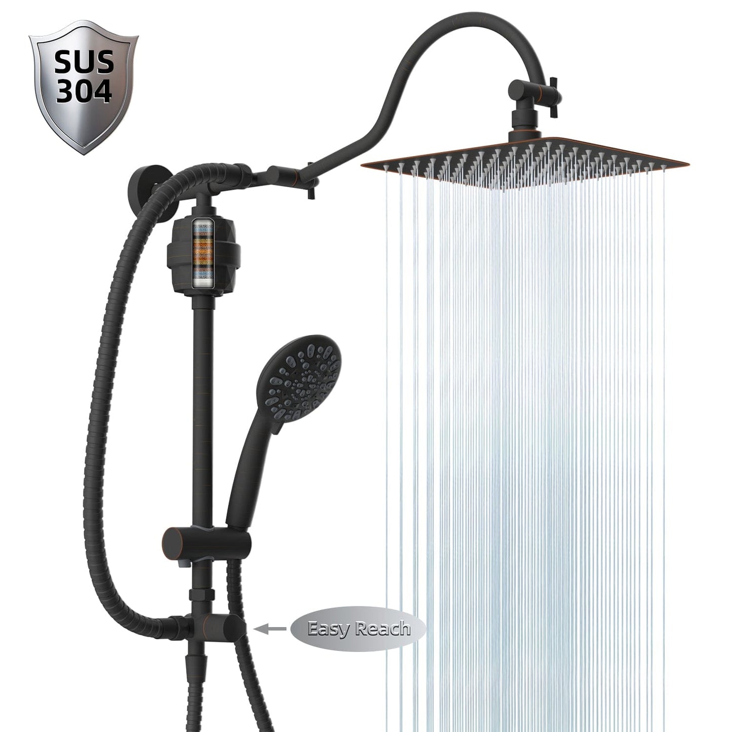 Hibbent Shower Heads Hibbent All Metal 10'' Filtered Rainfall Shower Head Combo for Easy Reach, High Pressure Shower Head System, Handheld Showerhead, Adjustable Holder, 18'' Extension Arm, Shower Filter, 7-spray