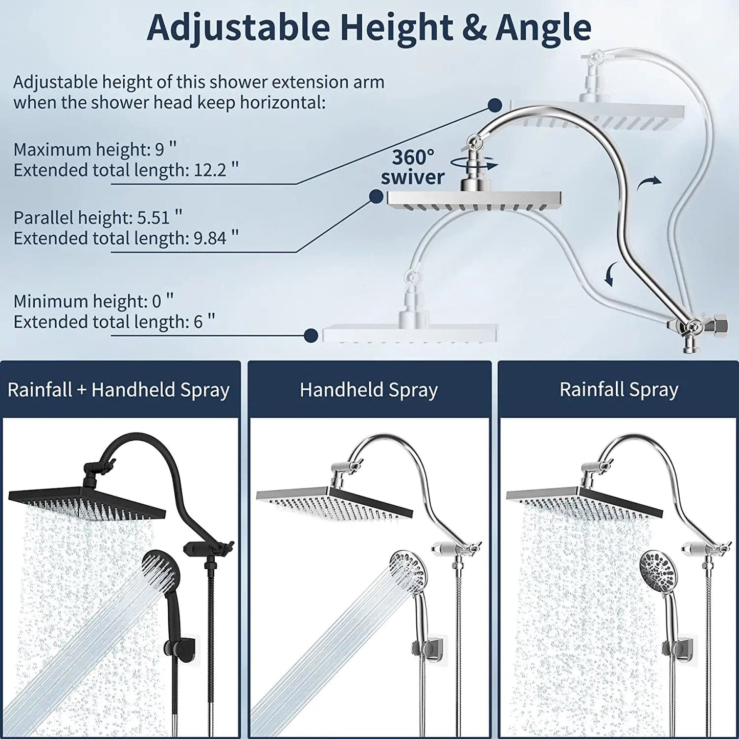 Hibbent 花洒 Hibbent Thickness Metal Rain Shower Head Combo Rainfall Shower Head & High Pressure Handheld Showerhead 12'' Adjustable Curved Extension Arm 7 Settings