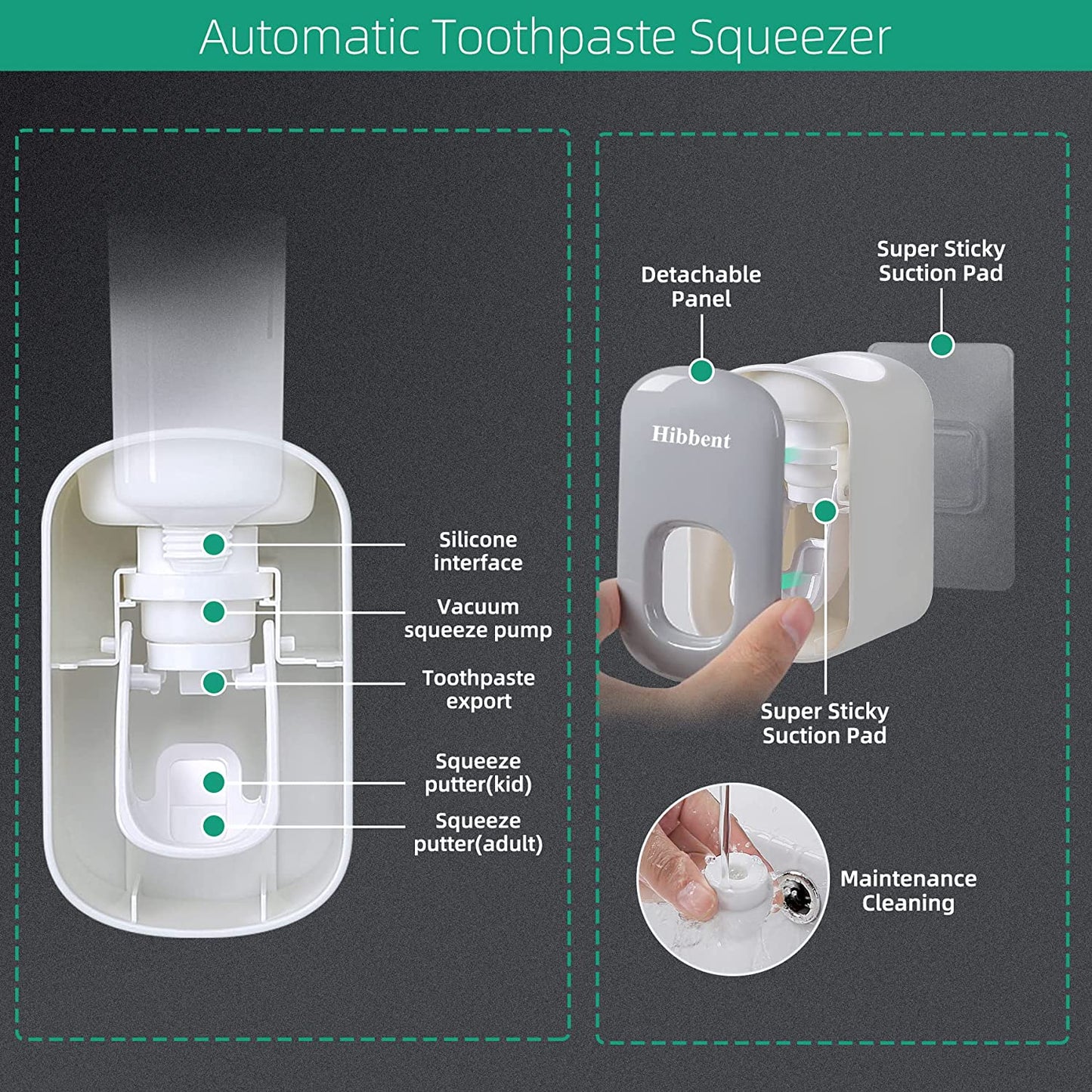 Hibbent Shop Toothpaste Dispenser Hibbent Toothpaste Dispenser Wall Mounted Automatic Toothpaste Squeezer - Grey