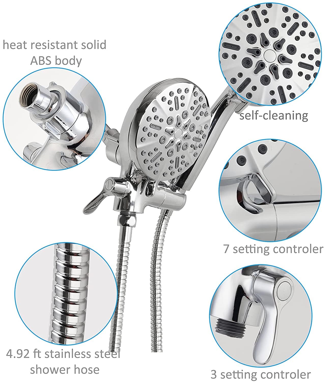 Hibbent Shower Head Hibbent Shower Head with Hose 7-spray High Pressure Handheld Shower Head 3-way Water Diverter