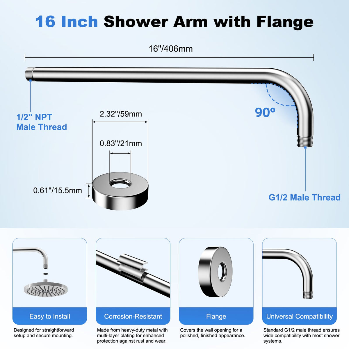 Hibbent Shop Shower Parts Hibbent 16 Inch All Metal Shower Extension Arm, Extra Long Extender with Flange, Stainless Steel Rainfall Shower Arm Water Outlet, Wall Mounted Shower Head Extender, Chrome Hibbent 16 Inch All Metal Shower Extension Arm, Extra Long Extender with Flange, Stainless Steel Rainfall Shower Arm Water Outlet, Wall Mounted Shower Head Extender, Chrome