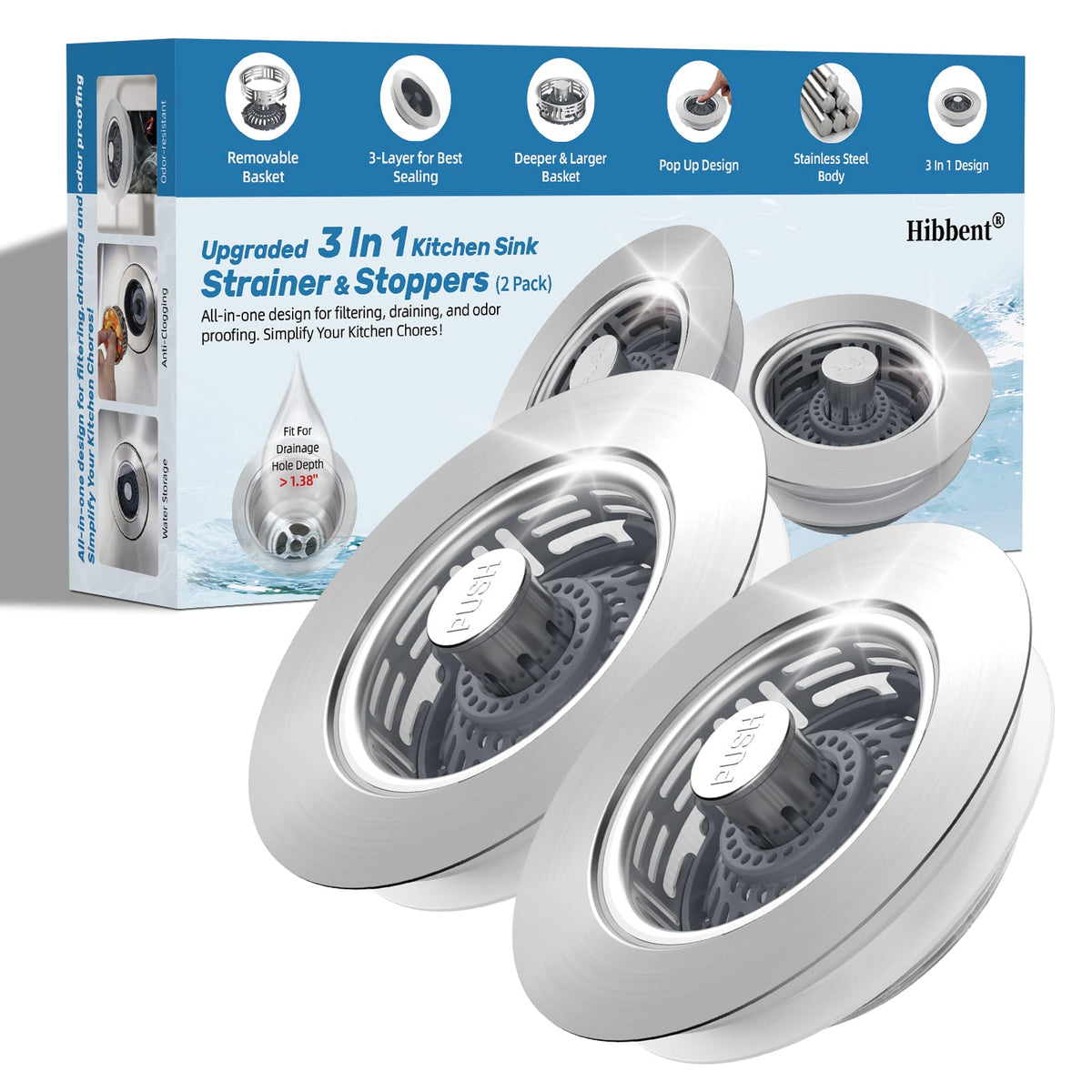 Hibbent Shop Drains Hibbent 2 Pack Metal Kitchen Sink Drain Strainer and Stopper, Transparent Upgraded Universal 3 in 1 Pop Up Design, Detachable Larger Anti-Clog Basket, 3-Layer Seal Plug for Standard 3-1/2" Drain Hibbent 2 Pack Metal Kitchen Sink Drain Strainer and Stopper, Transparent Upgraded Universal 3 in 1 Pop Up Design, Detachable Larger Anti-Clog Basket, 3-Layer Seal Plug for Standard 3-1/2" Drain