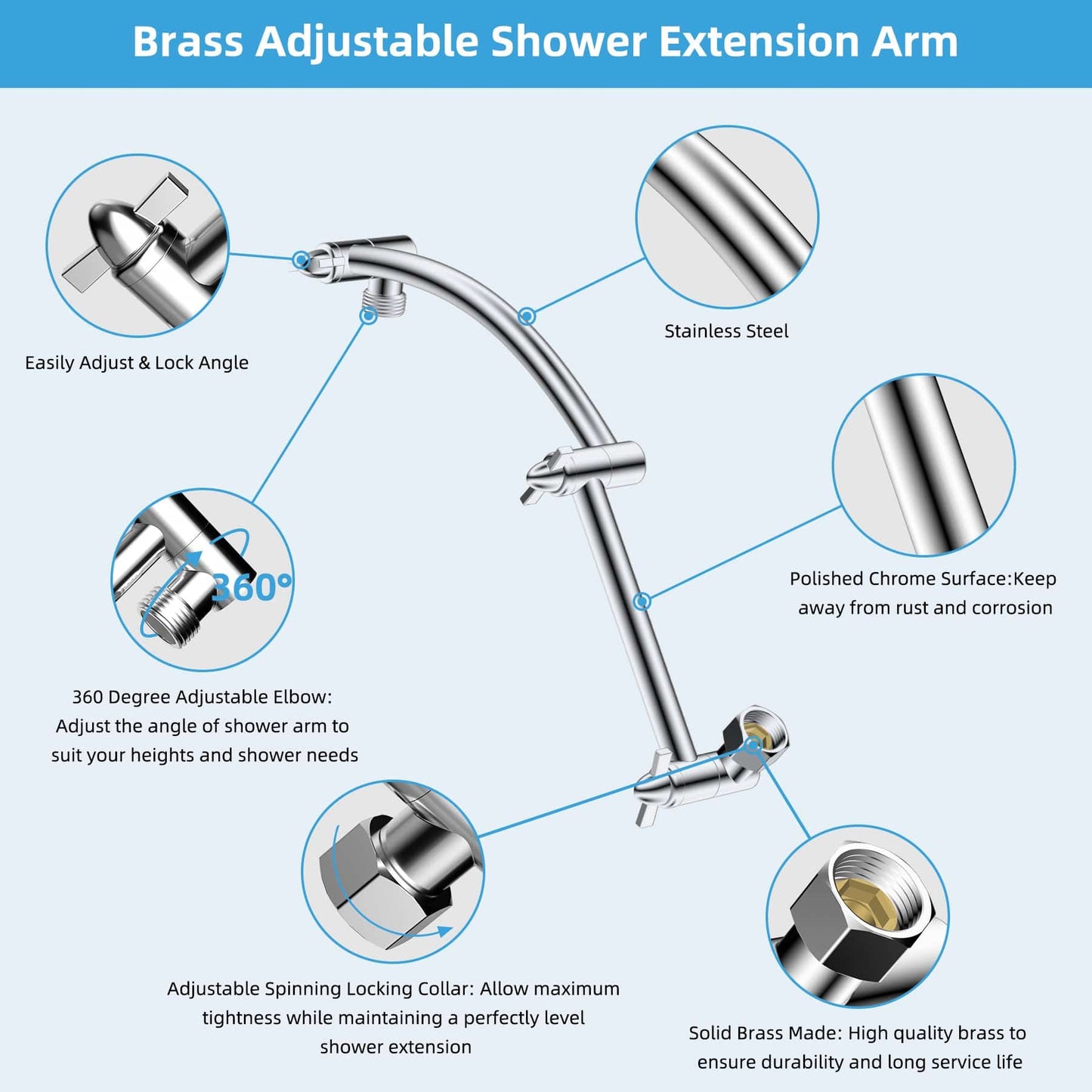 Hibbent Drains Hibbent All Metal 16'' Shower Head Extension Arm Solid Brass Flexible Height & Angle Adjustable Shower Arm Extender with Lock Joint, Universal Connection Stainless Steel Pipe Height Extending, Chrome