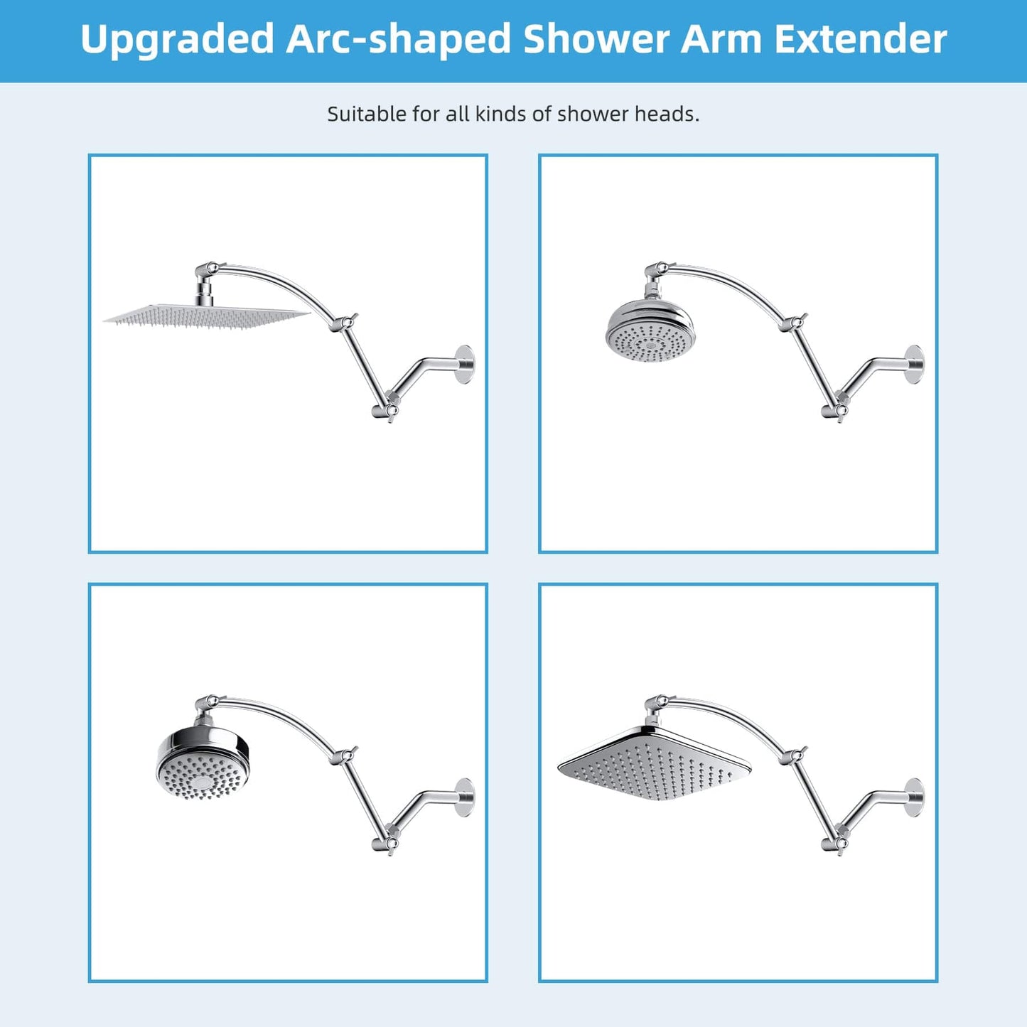 Hibbent Drains Hibbent All Metal 16'' Shower Head Extension Arm Solid Brass Flexible Height & Angle Adjustable Shower Arm Extender with Lock Joint, Universal Connection Stainless Steel Pipe Height Extending, Chrome