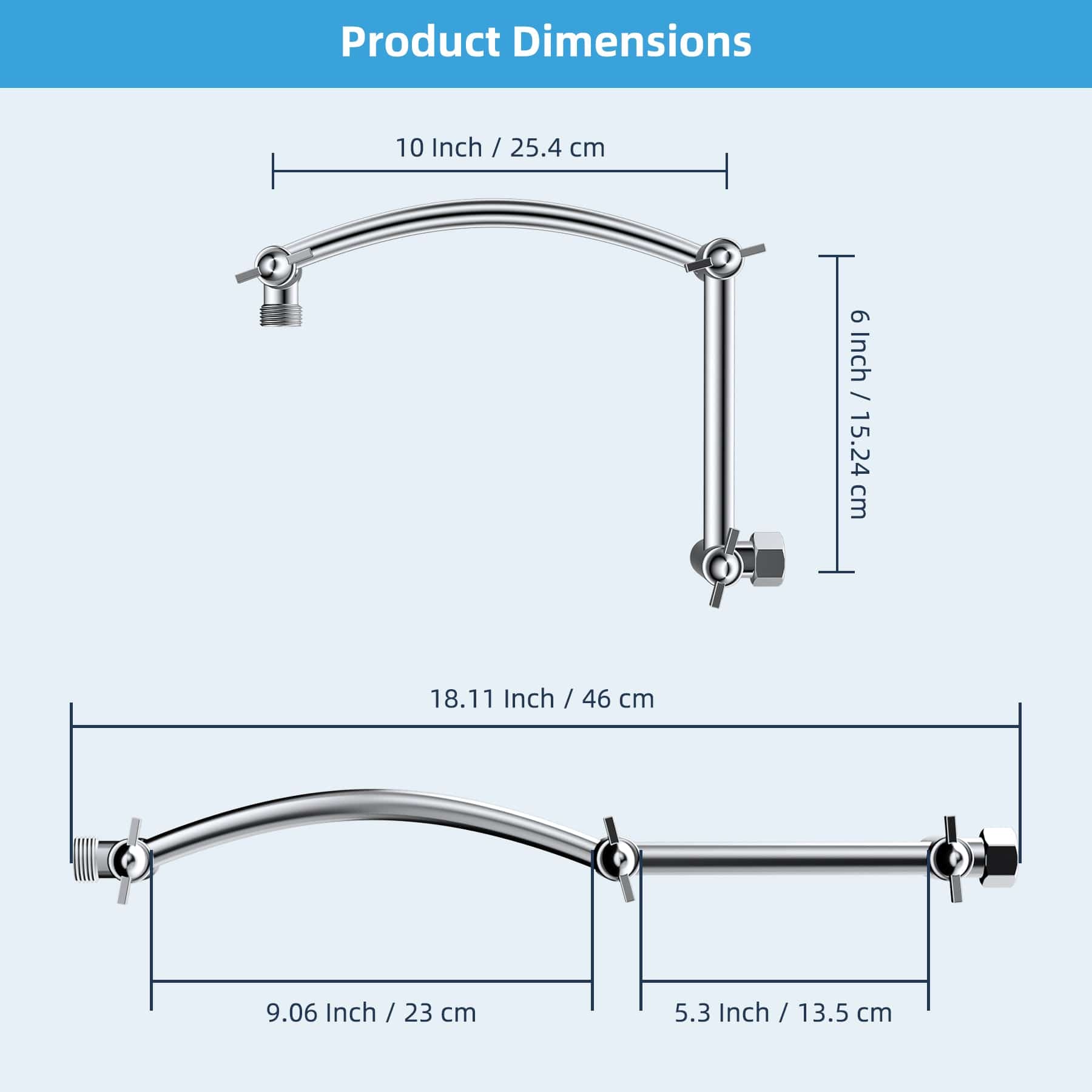 Hibbent Drains Hibbent All Metal 16'' Shower Head Extension Arm Solid Brass Flexible Height & Angle Adjustable Shower Arm Extender with Lock Joint, Universal Connection Stainless Steel Pipe Height Extending, Chrome