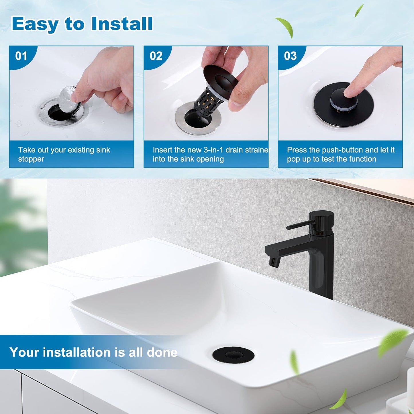 Hibbent Drains Hibbent Universal Bathroom Sink Drain Strainer, Upgraded 3 in 1 Pop Up Stopper, Removable Stainless Steel Filter Basket, Brass Bullet Core, Hair Catcher Sink Plug for 1.1''~2.36'' Hole Hibbent Universal Bathroom Sink Drain Strainer, Upgraded 3 in 1 Pop Up Stopper, Removable Stainless Steel Filter Basket, Brass Bullet Core, Hair Catcher Sink Plug for 1.1''~2.36'' Hole