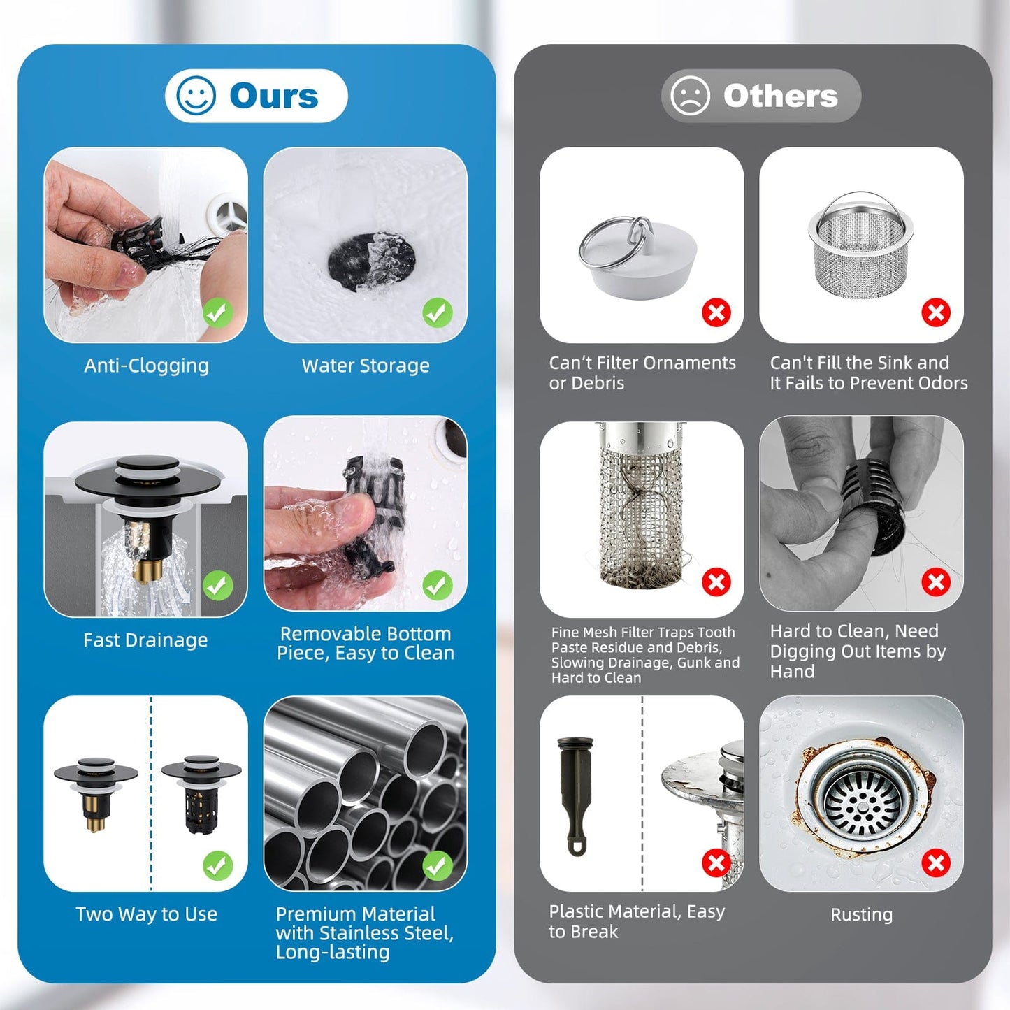 Hibbent Drains Hibbent Universal Bathroom Sink Drain Strainer, Upgraded 3 in 1 Pop Up Stopper, Removable Stainless Steel Filter Basket, Brass Bullet Core, Hair Catcher Sink Plug for 1.1''~2.36'' Hole Hibbent Universal Bathroom Sink Drain Strainer, Upgraded 3 in 1 Pop Up Stopper, Removable Stainless Steel Filter Basket, Brass Bullet Core, Hair Catcher Sink Plug for 1.1''~2.36'' Hole