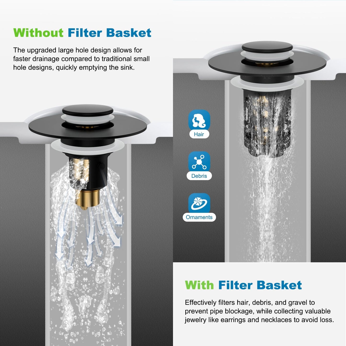 Hibbent Drains Hibbent Universal Bathroom Sink Drain Strainer, Upgraded 3 in 1 Pop Up Stopper, Removable Stainless Steel Filter Basket, Brass Bullet Core, Hair Catcher Sink Plug for 1.1''~2.36'' Hole Hibbent Universal Bathroom Sink Drain Strainer, Upgraded 3 in 1 Pop Up Stopper, Removable Stainless Steel Filter Basket, Brass Bullet Core, Hair Catcher Sink Plug for 1.1''~2.36'' Hole