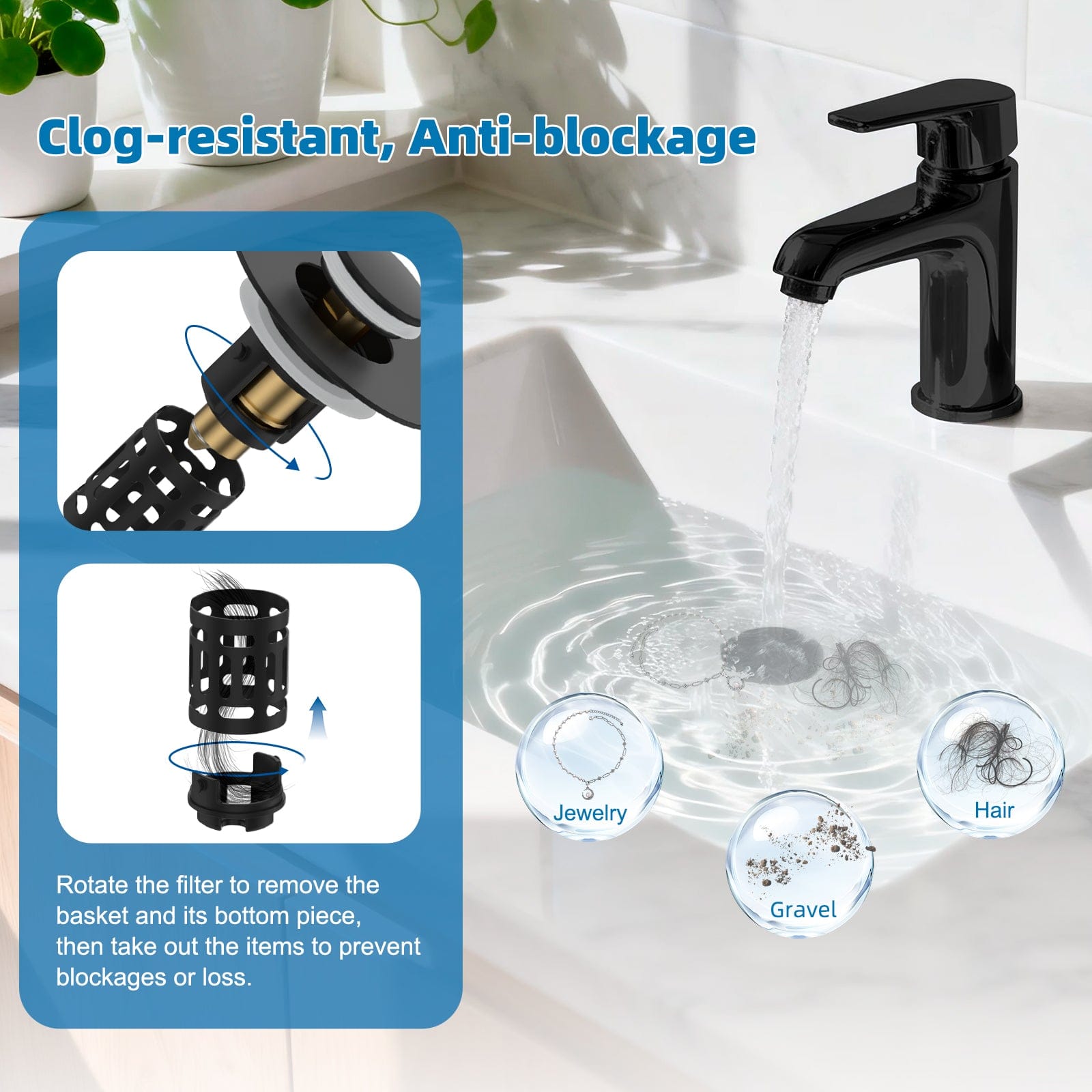 Hibbent Drains Hibbent Universal Bathroom Sink Drain Strainer, Upgraded 3 in 1 Pop Up Stopper, Removable Stainless Steel Filter Basket, Brass Bullet Core, Hair Catcher Sink Plug for 1.1''~2.36'' Hole Hibbent Universal Bathroom Sink Drain Strainer, Upgraded 3 in 1 Pop Up Stopper, Removable Stainless Steel Filter Basket, Brass Bullet Core, Hair Catcher Sink Plug for 1.1''~2.36'' Hole