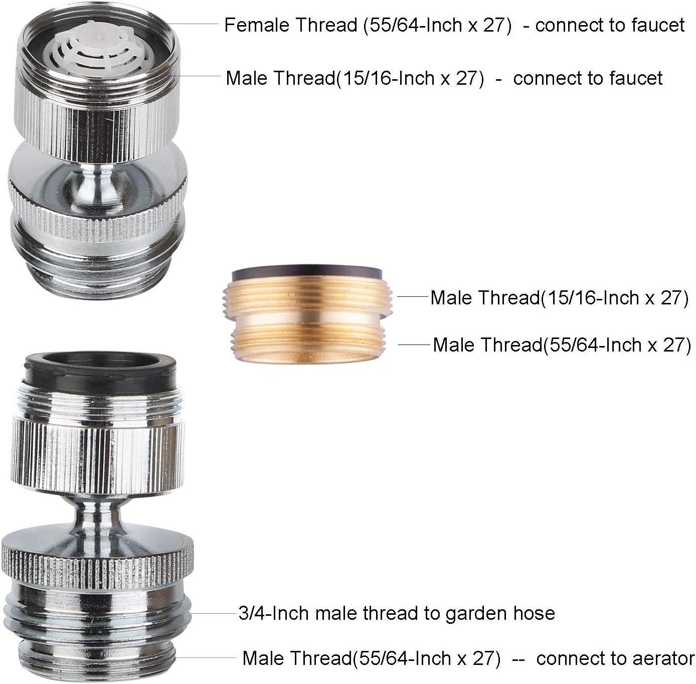 Hibbent Faucet Accessories Hibbent Faucet Adapter Kit, Swivel Aerator Adapter to Connect Garden Hose - Multi-Thread Kitchen Sink Faucet Adapter, 3/4 Inch Garden Hose Adapter for Male to Male and Female to Male - Chrome Finished