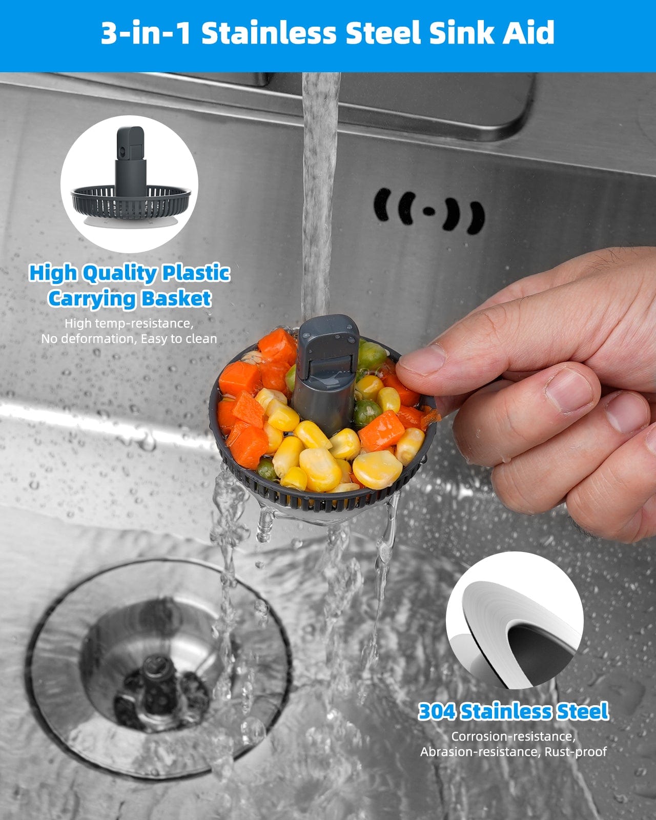 Hibbent Faucet Aerator Hibbent Upgraded 3 in 1 Universal Kitchen Sink Drain Strainer and Stopper Combo, Stainless Steel Metal Pop Up Stopper, Anti-Clogging Basket Strainer with Foldable Handle for Standard 3-1/2'' Drain