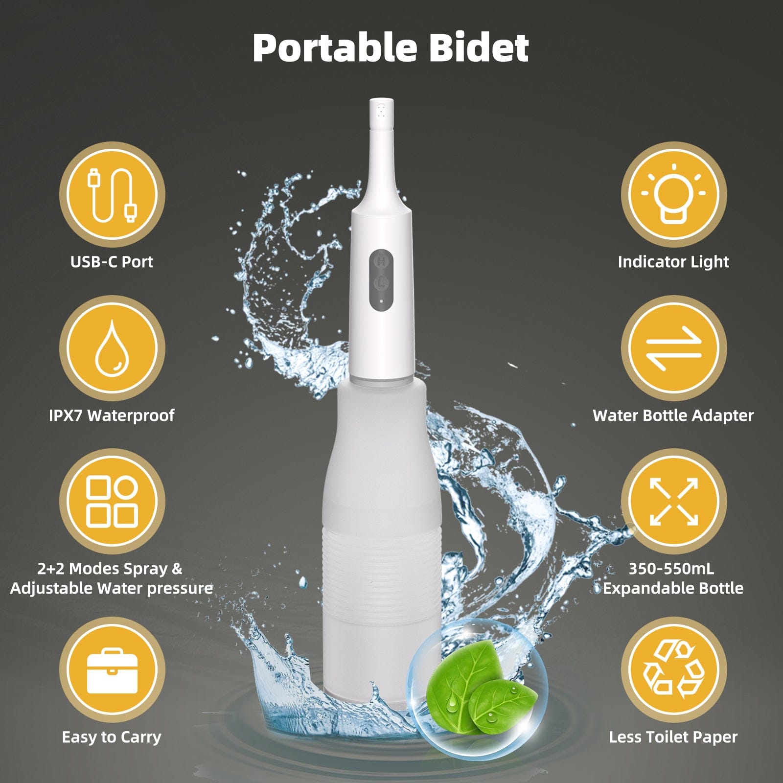 Hibbent Shop Bidets Hibbent Portable Bidet for Travel, High Pressure Electric Handheld Bidet Sprayer, 350-550ML Expandable Bottle for Personal Hygiene, USB-C Rechargeable Waterproof, Travel Bidet for Women & Men, White Hibbent Portable Bidet for Travel, High Pressure Electric Handheld Bidet Sprayer, 350-550ML Expandable Bottle for Personal Hygiene, USB-C Rechargeable Waterproof, Travel Bidet for Women & Men, White