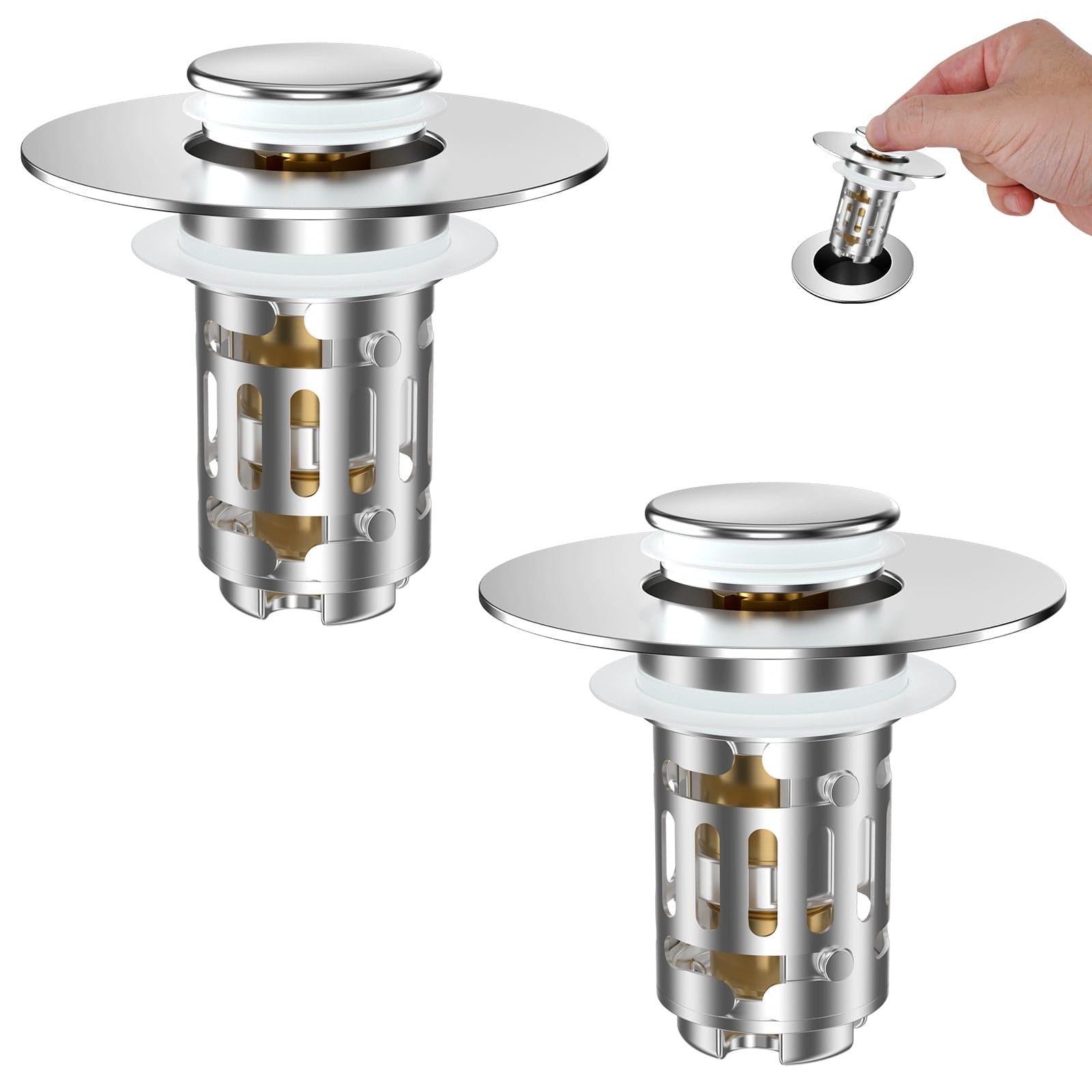 Hibbent Shop Drains Hibbent 2 Pack Universal Bathroom Sink Drain Strainer, 3 in 1 Pop Up Stopper with Removable Stainless Steel Filter Basket, Brass Bullet Core, Hair Catcher Sink Plug for 1.1''~2.36'' Hole, Chrome Hibbent 2 Pack Universal Bathroom Sink Drain Strainer, 3 in 1 Pop Up Stopper with Removable Stainless Steel Filter Basket, Brass Bullet Core, Hair Catcher Sink Plug for 1.1''~2.36'' Hole, Chrome