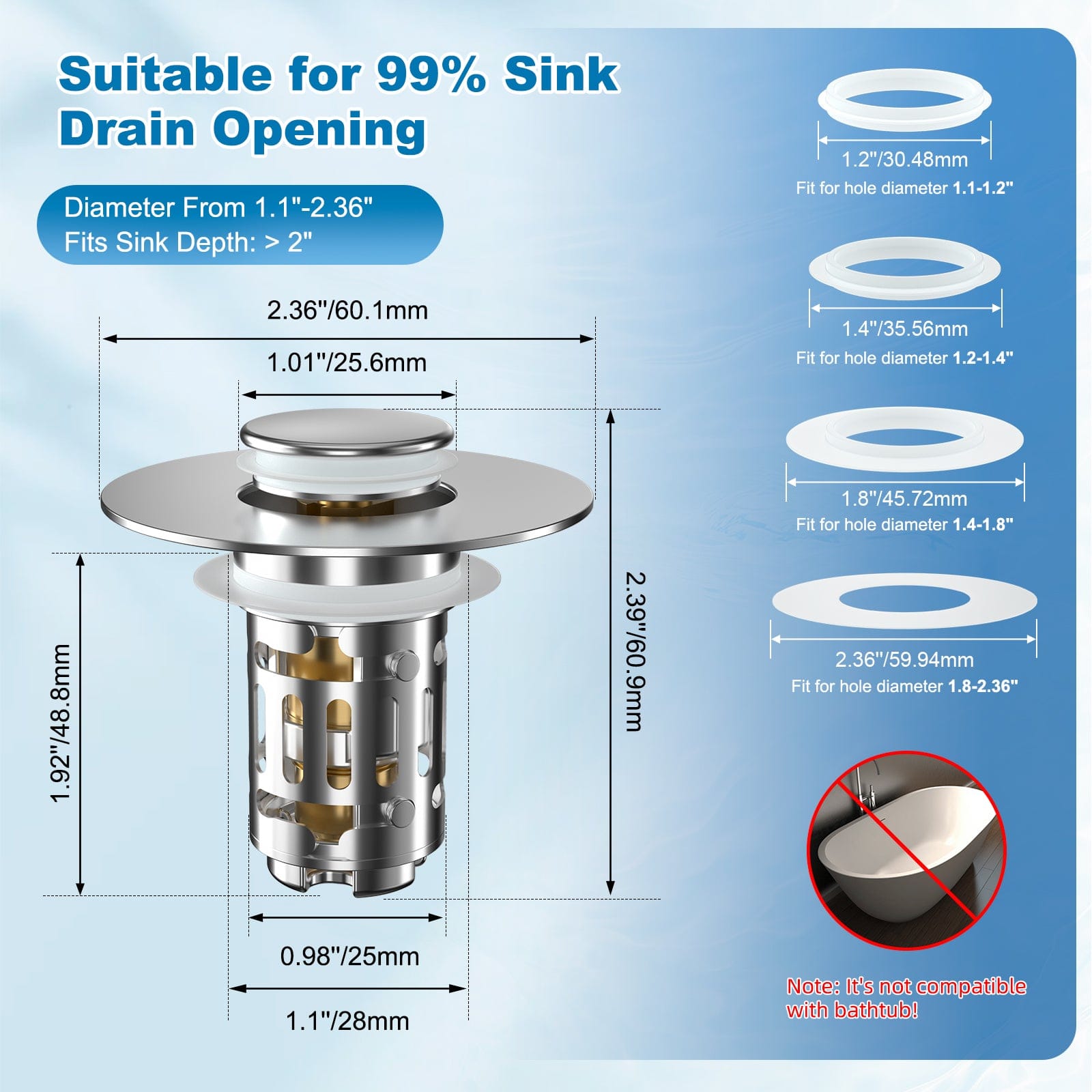 Hibbent Shop Drains Hibbent 2 Pack Universal Bathroom Sink Drain Strainer, 3 in 1 Pop Up Stopper with Removable Stainless Steel Filter Basket, Brass Bullet Core, Hair Catcher Sink Plug for 1.1''~2.36'' Hole, Chrome Hibbent 2 Pack Universal Bathroom Sink Drain Strainer, 3 in 1 Pop Up Stopper with Removable Stainless Steel Filter Basket, Brass Bullet Core, Hair Catcher Sink Plug for 1.1''~2.36'' Hole, Chrome