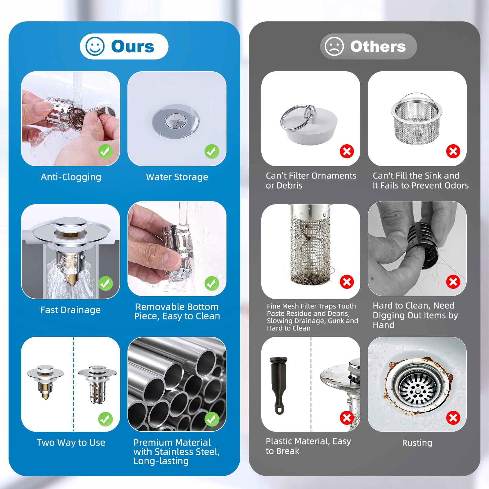 Hibbent Shop Drains Hibbent 2 Pack Universal Bathroom Sink Drain Strainer, 3 in 1 Pop Up Stopper with Removable Stainless Steel Filter Basket, Brass Bullet Core, Hair Catcher Sink Plug for 1.1''~2.36'' Hole, Chrome Hibbent 2 Pack Universal Bathroom Sink Drain Strainer, 3 in 1 Pop Up Stopper with Removable Stainless Steel Filter Basket, Brass Bullet Core, Hair Catcher Sink Plug for 1.1''~2.36'' Hole, Chrome