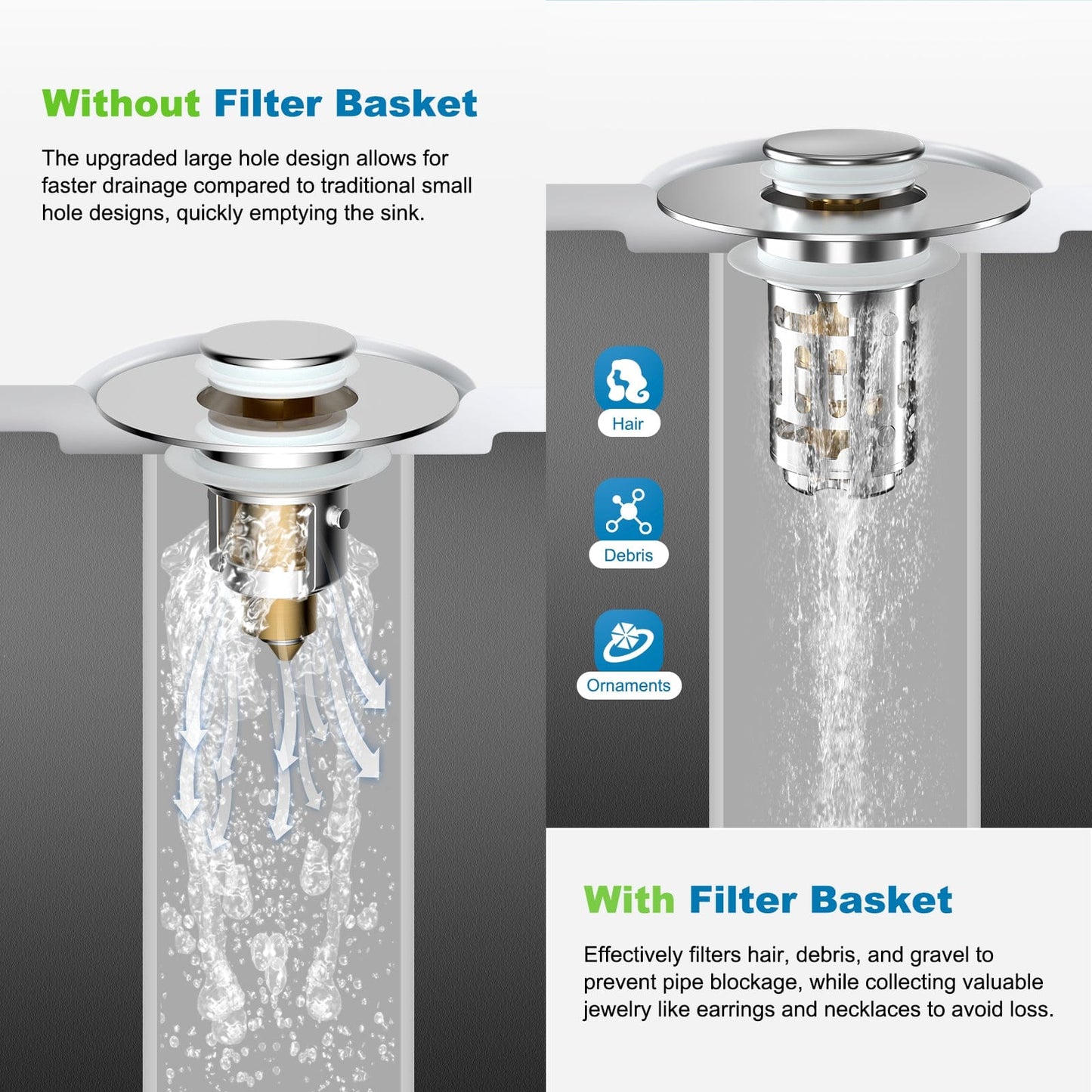 Hibbent Shop Drains Hibbent 2 Pack Universal Bathroom Sink Drain Strainer, 3 in 1 Pop Up Stopper with Removable Stainless Steel Filter Basket, Brass Bullet Core, Hair Catcher Sink Plug for 1.1''~2.36'' Hole, Chrome Hibbent 2 Pack Universal Bathroom Sink Drain Strainer, 3 in 1 Pop Up Stopper with Removable Stainless Steel Filter Basket, Brass Bullet Core, Hair Catcher Sink Plug for 1.1''~2.36'' Hole, Chrome