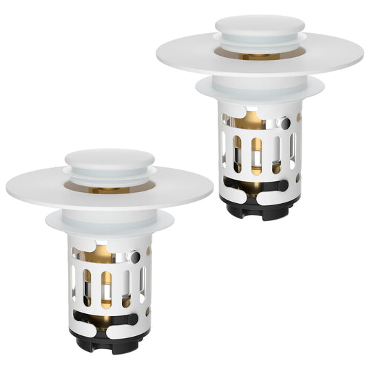 Hibbent Shop Drains Hibbent 2 PCS Upgraded 3 in 1 Bathroom Sink Drain Strainer, Pop Up Stopper Universal Sink Plug, Removable Stainless Steel Filter Basket Hair Catcher, Fit 1.1''-2.36'' Basin, Brass Bullet Core, White Hibbent 2 PCS Upgraded 3 in 1 Bathroom Sink Drain Strainer, Pop Up Stopper Universal Sink Plug, Removable Stainless Steel Filter Basket Hair Catcher, Fit 1.1''-2.36'' Basin, Brass Bullet Core, White