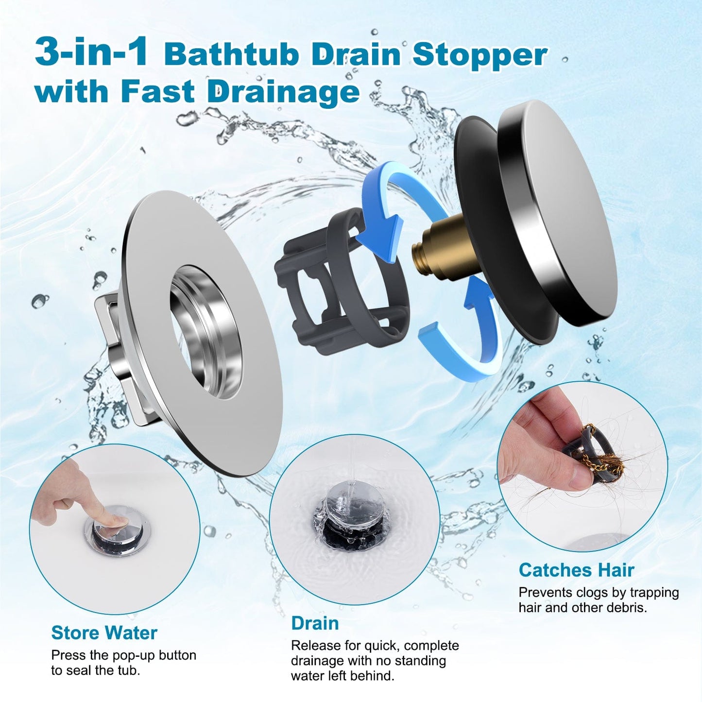 Hibbent Shop Drains Hibbent 3 in 1 Metal Bathtub Drain Stopper, Universal Pop Up Tub Stopper, Bathtub Drain Hair Catcher, Removable Filter Basket, Anti-Clogging Drain Plug for 1.5''~2.4'' Drain, Brass Bullet Core, Chrome Hibbent 3 in 1 Metal Bathtub Drain Stopper, Universal Pop Up Tub Stopper, Bathtub Drain Hair Catcher, Removable Filter Basket, Anti-Clogging Drain Plug for 1.5''~2.4'' Drain, Brass Bullet Core, Chrome