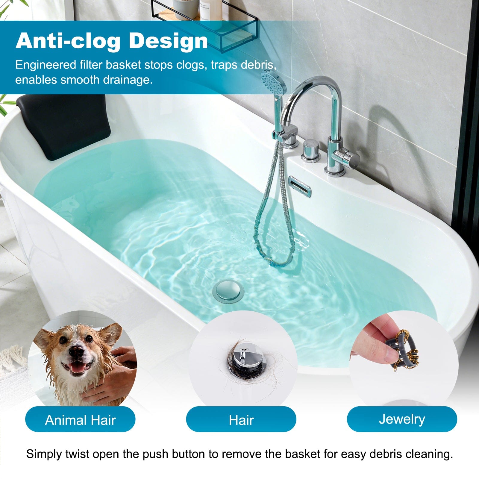 Hibbent Shop Drains Hibbent 3 in 1 Metal Bathtub Drain Stopper, Universal Pop Up Tub Stopper, Bathtub Drain Hair Catcher, Removable Filter Basket, Anti-Clogging Drain Plug for 1.5''~2.4'' Drain, Brass Bullet Core, Chrome Hibbent 3 in 1 Metal Bathtub Drain Stopper, Universal Pop Up Tub Stopper, Bathtub Drain Hair Catcher, Removable Filter Basket, Anti-Clogging Drain Plug for 1.5''~2.4'' Drain, Brass Bullet Core, Chrome