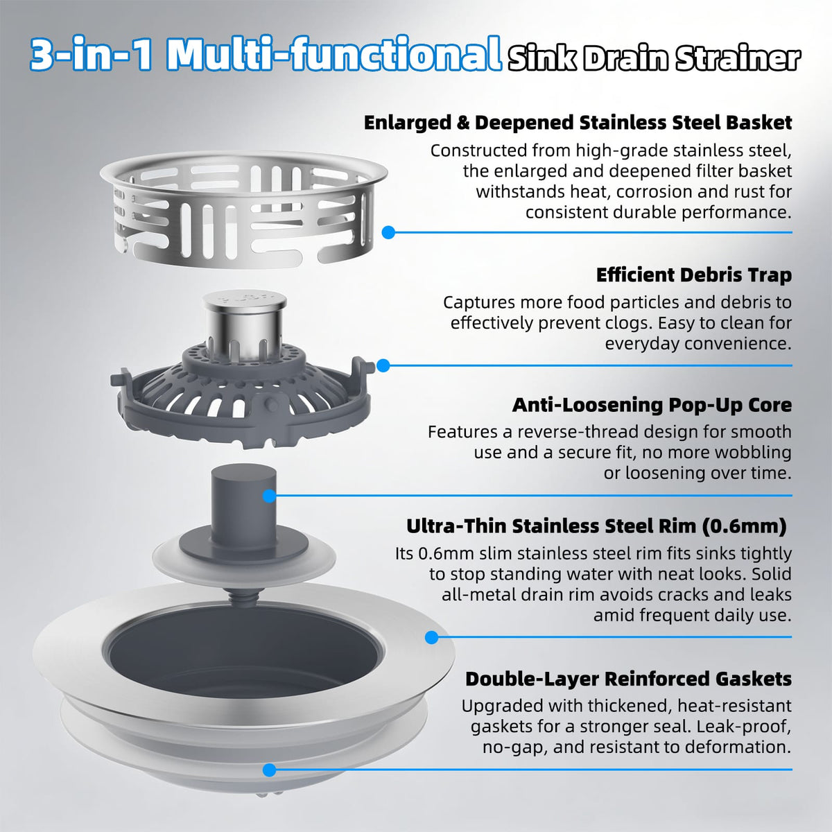 Hibbent Shop Drains Hibbent 4 Pack 3 in 1 Kitchen Sink Drain Strainer, Metal Pop Up Stopper Larger Anti-Clogging Basket, 3-Layer Seal, Detachable Sink Drain Plug for US Standard 3-1/2" Drain, Brushed Stainless Steel Hibbent 4 Pack 3 in 1 Kitchen Sink Drain Strainer, Metal Pop Up Stopper Larger Anti-Clogging Basket, 3-Layer Seal, Detachable Sink Drain Plug for US Standard 3-1/2" Drain, Brushed Stainless Steel