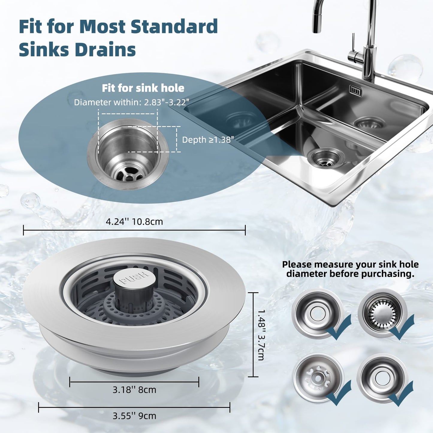 Hibbent Shop Drains Hibbent 4 Pack 3 in 1 Kitchen Sink Drain Strainer, Metal Pop Up Stopper Larger Anti-Clogging Basket, 3-Layer Seal, Detachable Sink Drain Plug for US Standard 3-1/2" Drain, Brushed Stainless Steel Hibbent 4 Pack 3 in 1 Kitchen Sink Drain Strainer, Metal Pop Up Stopper Larger Anti-Clogging Basket, 3-Layer Seal, Detachable Sink Drain Plug for US Standard 3-1/2" Drain, Brushed Stainless Steel