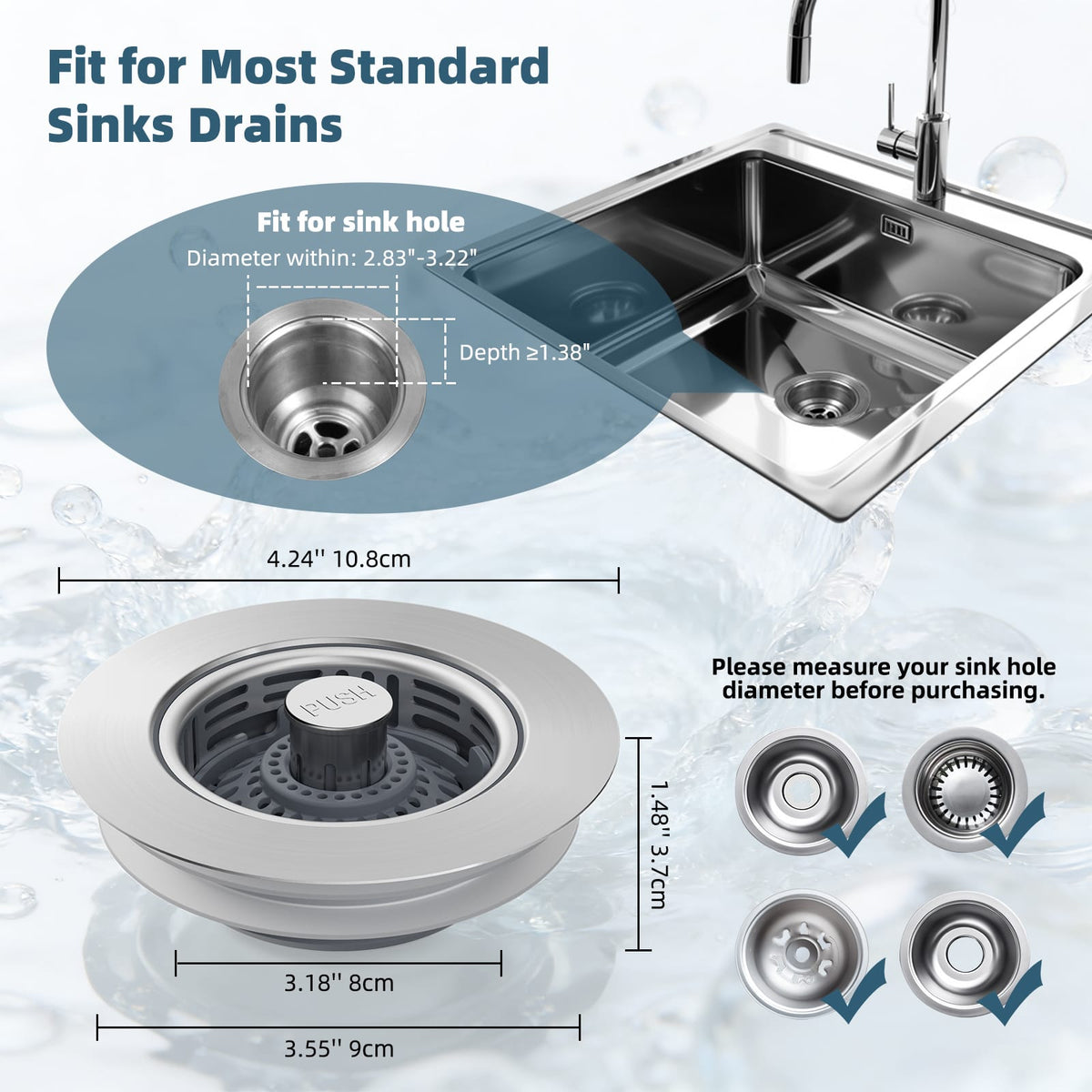 Hibbent Shop Drains Hibbent 4 Pack 3 in 1 Kitchen Sink Drain Strainer, Metal Pop Up Stopper Larger Anti-Clogging Basket, 3-Layer Seal, Detachable Sink Drain Plug for US Standard 3-1/2" Drain, Brushed Stainless Steel Hibbent 4 Pack 3 in 1 Kitchen Sink Drain Strainer, Metal Pop Up Stopper Larger Anti-Clogging Basket, 3-Layer Seal, Detachable Sink Drain Plug for US Standard 3-1/2" Drain, Brushed Stainless Steel