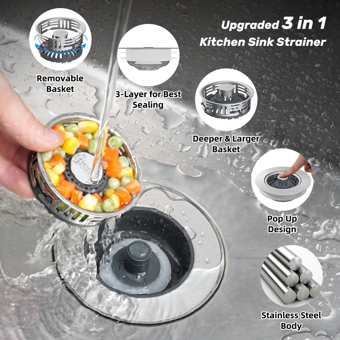 Hibbent Shop Drains Hibbent 4 Pack 3 in 1 Kitchen Sink Drain Strainer, Metal Pop Up Stopper Larger Anti-Clogging Basket, 3-Layer Seal, Detachable Sink Drain Plug for US Standard 3-1/2" Drain, Brushed Stainless Steel Hibbent 4 Pack 3 in 1 Kitchen Sink Drain Strainer, Metal Pop Up Stopper Larger Anti-Clogging Basket, 3-Layer Seal, Detachable Sink Drain Plug for US Standard 3-1/2" Drain, Brushed Stainless Steel