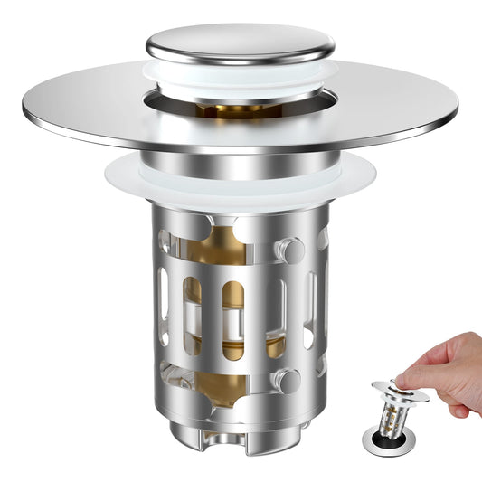 Hibbent Shop Drains Hibbent Universal Bathroom Sink Drain Strainer, Upgraded 3 in 1 Pop Up Stopper with Removable Stainless Steel Filter Basket, Brass Bullet Core, Hair Catcher Sink Plug for 1.1''~2.36'' Hole, Chrome Hibbent Universal Bathroom Sink Drain Strainer, Upgraded 3 in 1 Pop Up Stopper with Removable Stainless Steel Filter Basket, Brass Bullet Core, Hair Catcher Sink Plug for 1.1''~2.36'' Hole, Chrome
