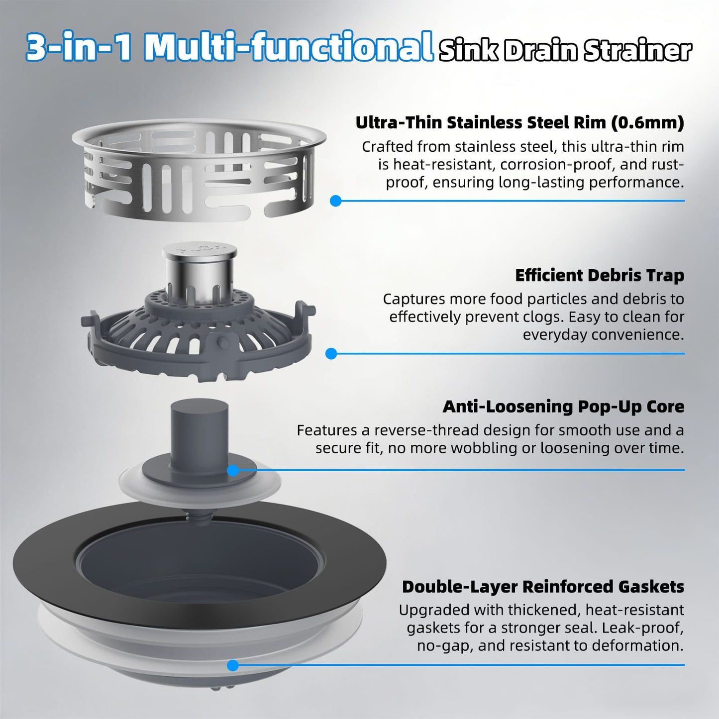 Hibbent Shop Drains Hibbent Upgraded 2 Pack 3 in 1 Kitchen Sink Drain Strainer, Stainless Steel Pop Up Sink Stopper, Larger Anti-Clogging Basket, 3-Layer Seal, Detachable Plug for US Standard 3-1/2" Drain, Matte Black Hibbent Upgraded 2 Pack 3 in 1 Kitchen Sink Drain Strainer, Stainless Steel Pop Up Sink Stopper, Larger Anti-Clogging Basket, 3-Layer Seal, Detachable Plug for US Standard 3-1/2" Drain, Matte Black