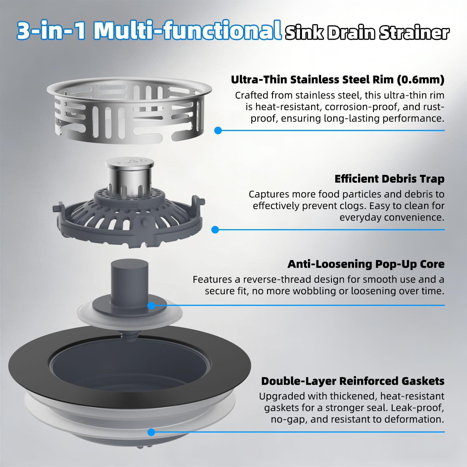 Hibbent Shop Drains Hibbent Upgraded 2 Pack 3 in 1 Kitchen Sink Drain Strainer, Stainless Steel Pop Up Sink Stopper, Larger Anti-Clogging Basket, 3-Layer Seal, Detachable Plug for US Standard 3-1/2" Drain, Matte Black Hibbent Upgraded 2 Pack 3 in 1 Kitchen Sink Drain Strainer, Stainless Steel Pop Up Sink Stopper, Larger Anti-Clogging Basket, 3-Layer Seal, Detachable Plug for US Standard 3-1/2" Drain, Matte Black
