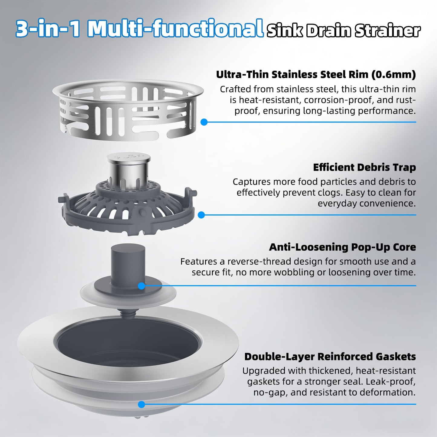 Hibbent Shop Drains Hibbent Upgraded 3 in 1 Kitchen Sink Drain Strainer, Stainless Steel Pop Up Sink Stopper, Larger Anti-Clogging Basket, 3-Layer Seal, Detachable Drain Plug for US Standard 3-1/2" Drain, Brushed Nickel Hibbent Upgraded 3 in 1 Kitchen Sink Drain Strainer, Stainless Steel Pop Up Sink Stopper, Larger Anti-Clogging Basket, 3-Layer Seal, Detachable Drain Plug for US Standard 3-1/2" Drain, Brushed Nickel