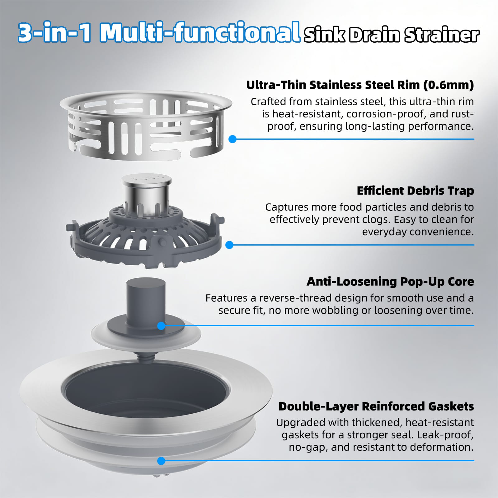 Hibbent Shop Drains Hibbent Upgraded 3 in 1 Kitchen Sink Drain Strainer, Stainless Steel Pop Up Sink Stopper, Larger Anti-Clogging Basket, 3-Layer Seal, Detachable Drain Plug for US Standard 3-1/2" Drain, Brushed Nickel Hibbent Upgraded 3 in 1 Kitchen Sink Drain Strainer, Stainless Steel Pop Up Sink Stopper, Larger Anti-Clogging Basket, 3-Layer Seal, Detachable Drain Plug for US Standard 3-1/2" Drain, Brushed Nickel