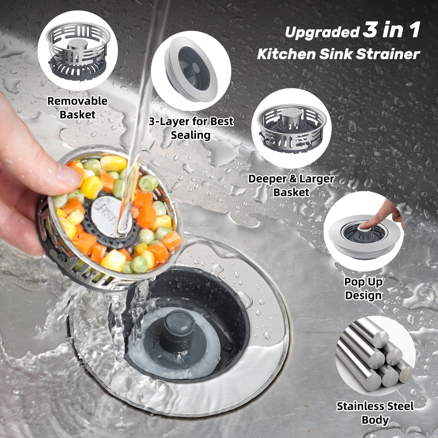 Hibbent Shop Drains Hibbent Upgraded 3 in 1 Kitchen Sink Drain Strainer, Stainless Steel Pop Up Sink Stopper, Larger Anti-Clogging Basket, 3-Layer Seal, Detachable Drain Plug for US Standard 3-1/2" Drain, Brushed Nickel Hibbent Upgraded 3 in 1 Kitchen Sink Drain Strainer, Stainless Steel Pop Up Sink Stopper, Larger Anti-Clogging Basket, 3-Layer Seal, Detachable Drain Plug for US Standard 3-1/2" Drain, Brushed Nickel