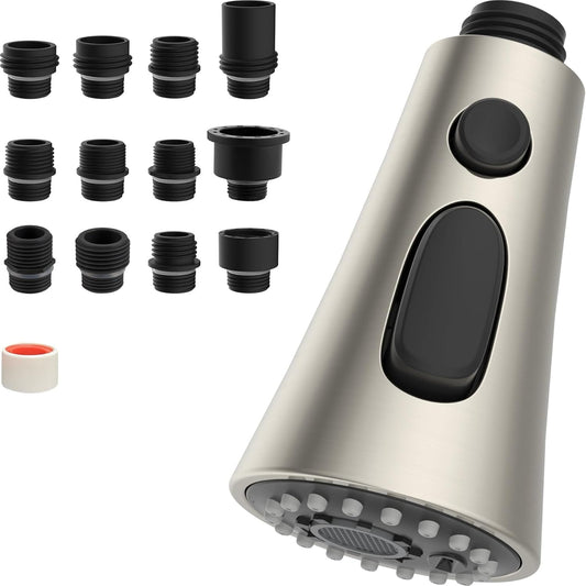 Hibbent Shop Faucet Accessories 3-Function Pull Down Kitchen Faucet Head Replacement with 12 Adapters, NSF/ANSI/CAN 61 & CUPC Certified Sink Spray Nozzle, Compatible with Moen, Delta, Kohler Faucets, Brushed Nickel 3-Function Pull Down Kitchen Faucet Head Replacement with 12 Adapters, NSF/ANSI/CAN 61 & CUPC Certified Sink Spray Nozzle, Compatible with Moen, Delta, Kohler Faucets, Brushed Nickel