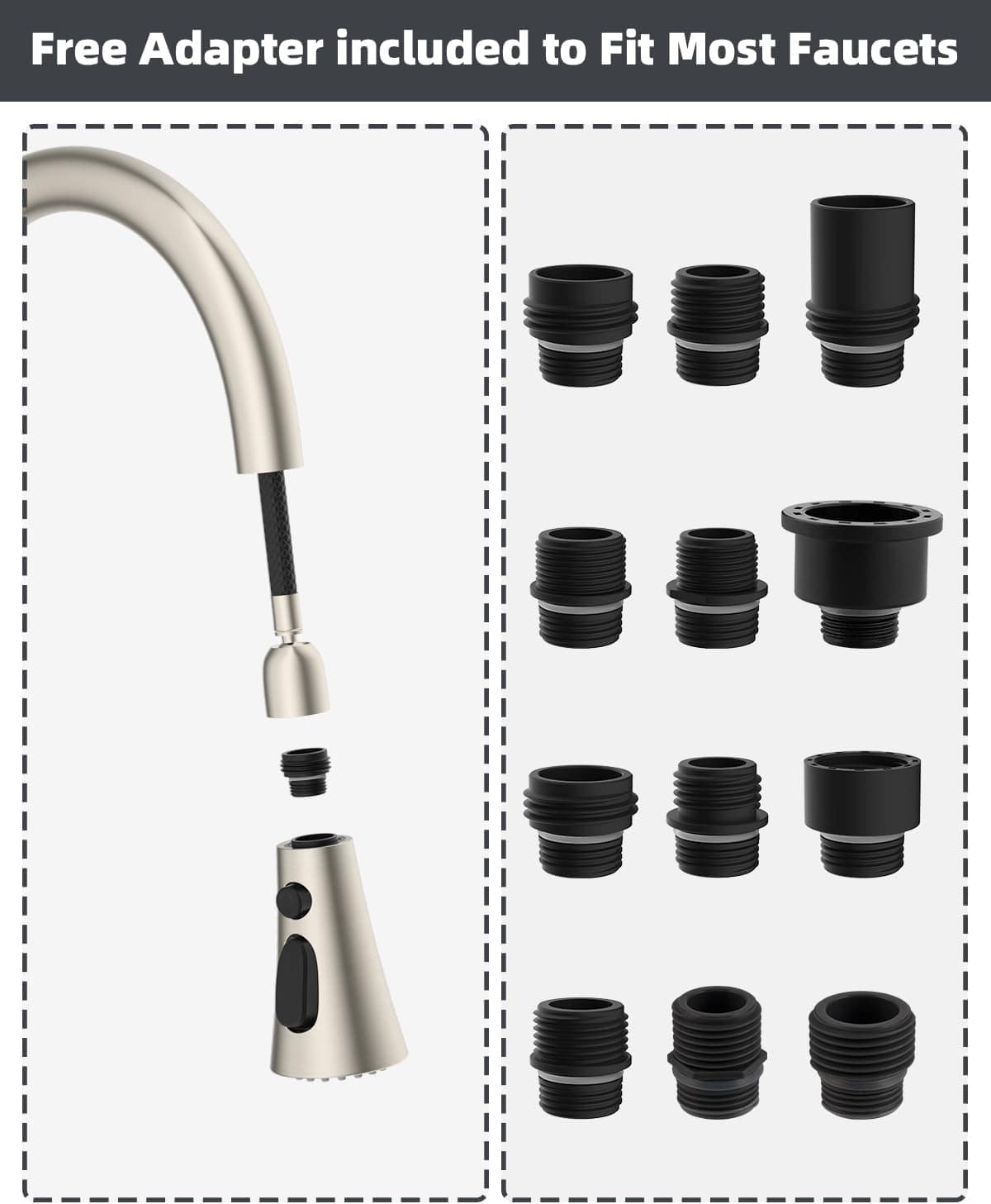 Hibbent Shop Faucet Accessories 3-Function Pull Down Kitchen Faucet Head Replacement with 12 Adapters, NSF/ANSI/CAN 61 & CUPC Certified Sink Spray Nozzle, Compatible with Moen, Delta, Kohler Faucets, Brushed Nickel 3-Function Pull Down Kitchen Faucet Head Replacement with 12 Adapters, NSF/ANSI/CAN 61 & CUPC Certified Sink Spray Nozzle, Compatible with Moen, Delta, Kohler Faucets, Brushed Nickel